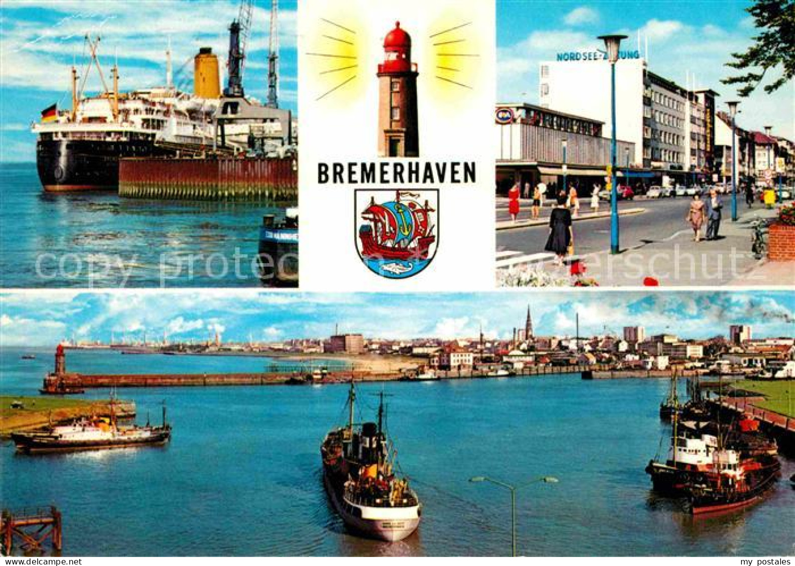 72625770 Bremerhaven Hochseedampfer Hafen Strassenpartie Leuchtturm Wappen Breme - Bremerhaven