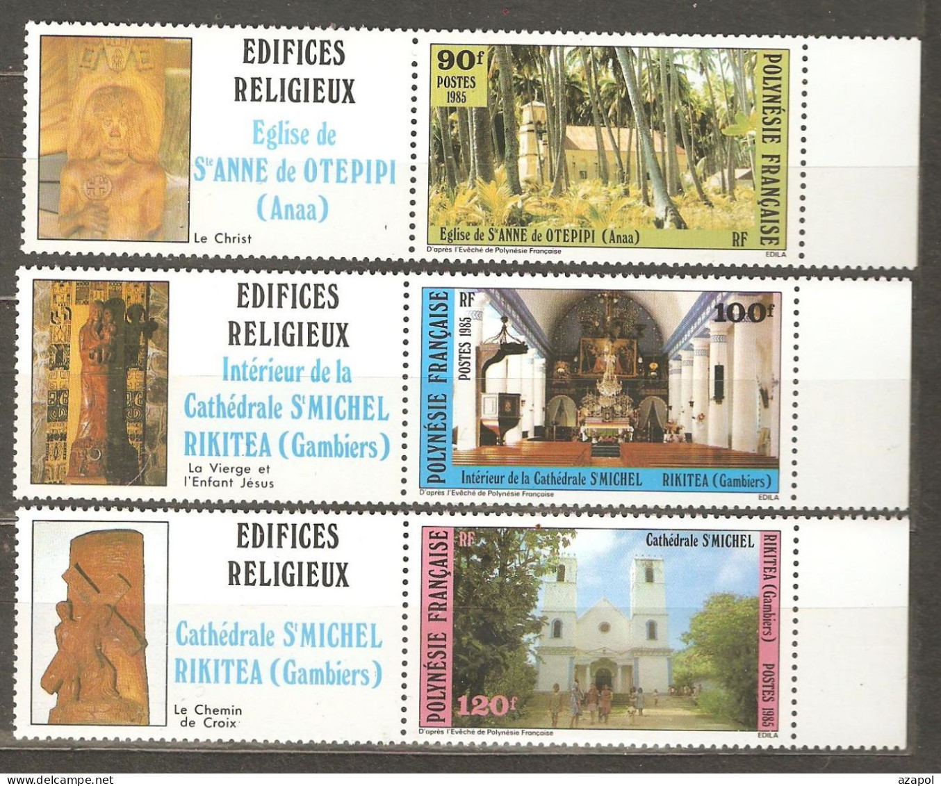 Polynesia: Full Set Of 3 Mint Stamps With Labels, Catholic Churches, 1985, Mi#439-441, MNH - Ongebruikt