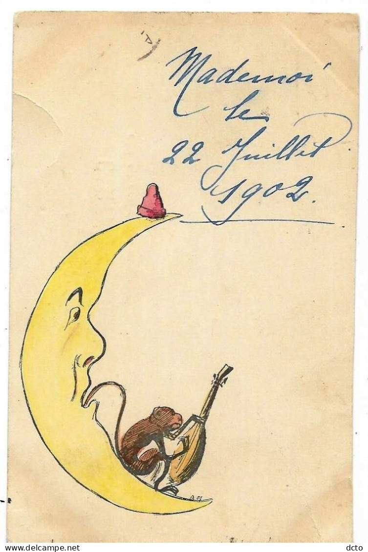 2 Cpa Illustrateur A.H. La Lune, Le Singe, Pierrot Et La Mandoline, Envoi 1902 - Autres & Non Classés