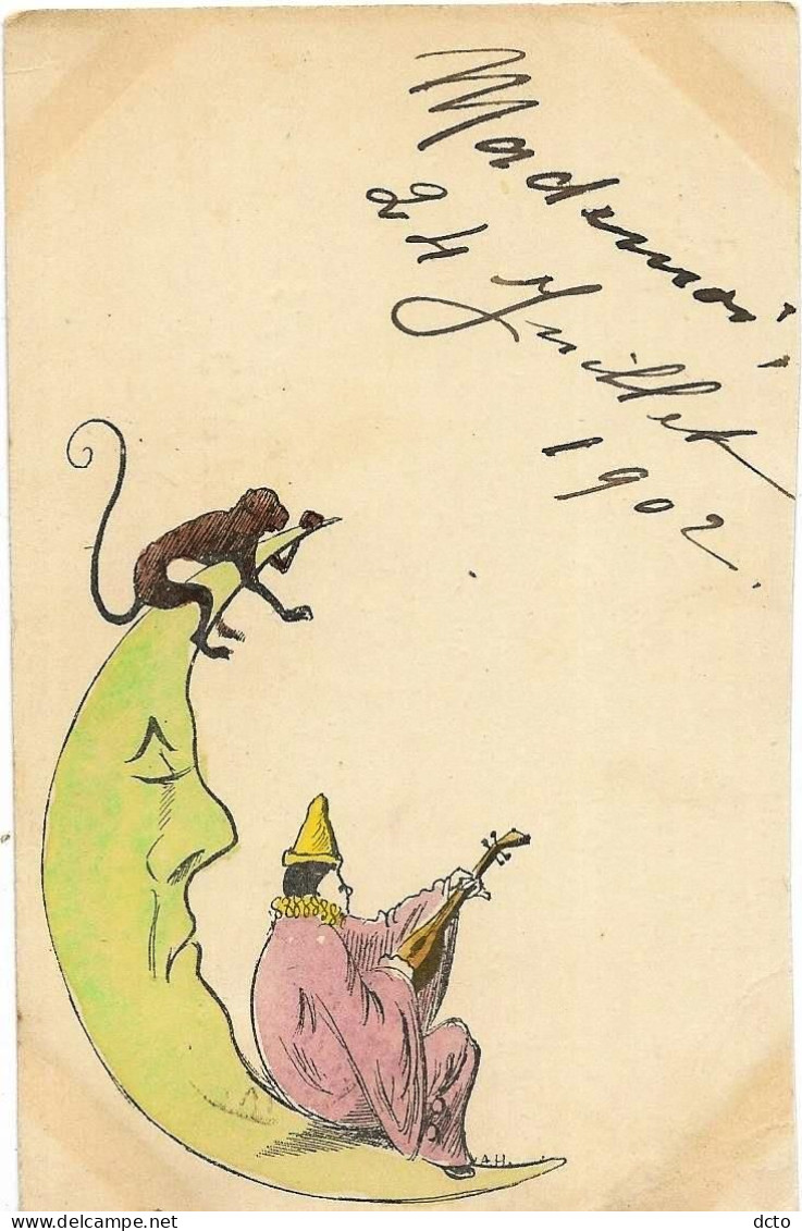 2 Cpa Illustrateur A.H. La Lune, Le Singe, Pierrot Et La Mandoline, Envoi 1902 - Autres & Non Classés