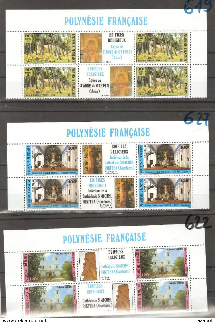 Polynesia: Full Set Of 3 Mint Stamps In Blocks Of 4 With Labels, Catholic Churches, 1985, Mi#439-441, MNH - Neufs