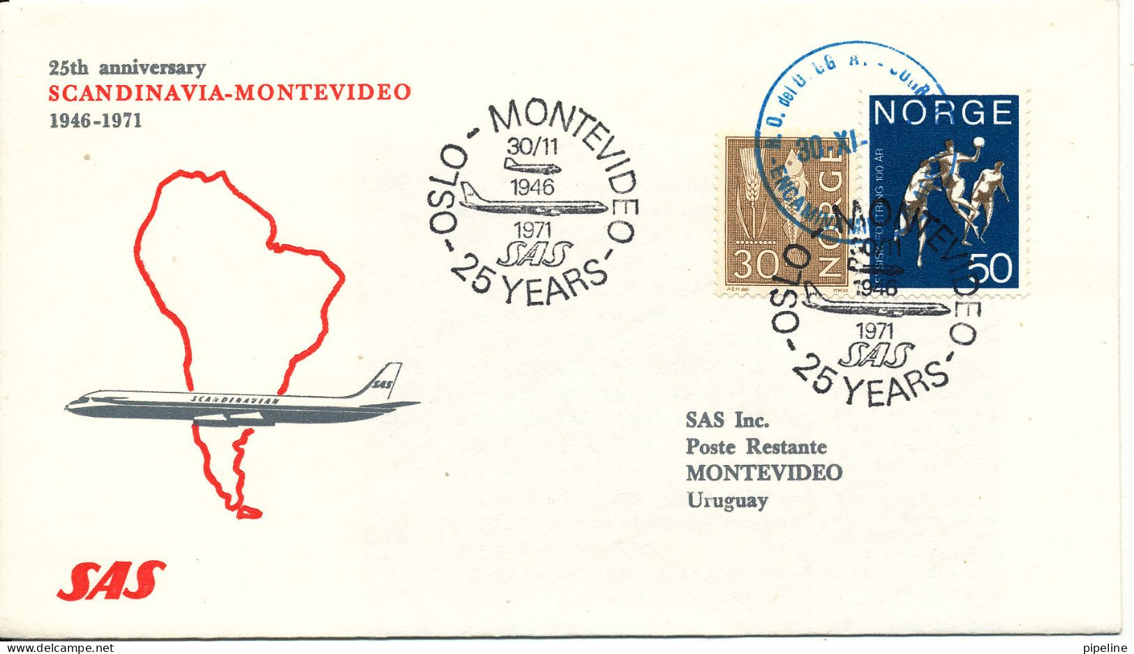 Norway SAS Flight 25th. Anniversary Scandinavia - Montevideo 1946 - 1971 30-11-1971 - Briefe U. Dokumente