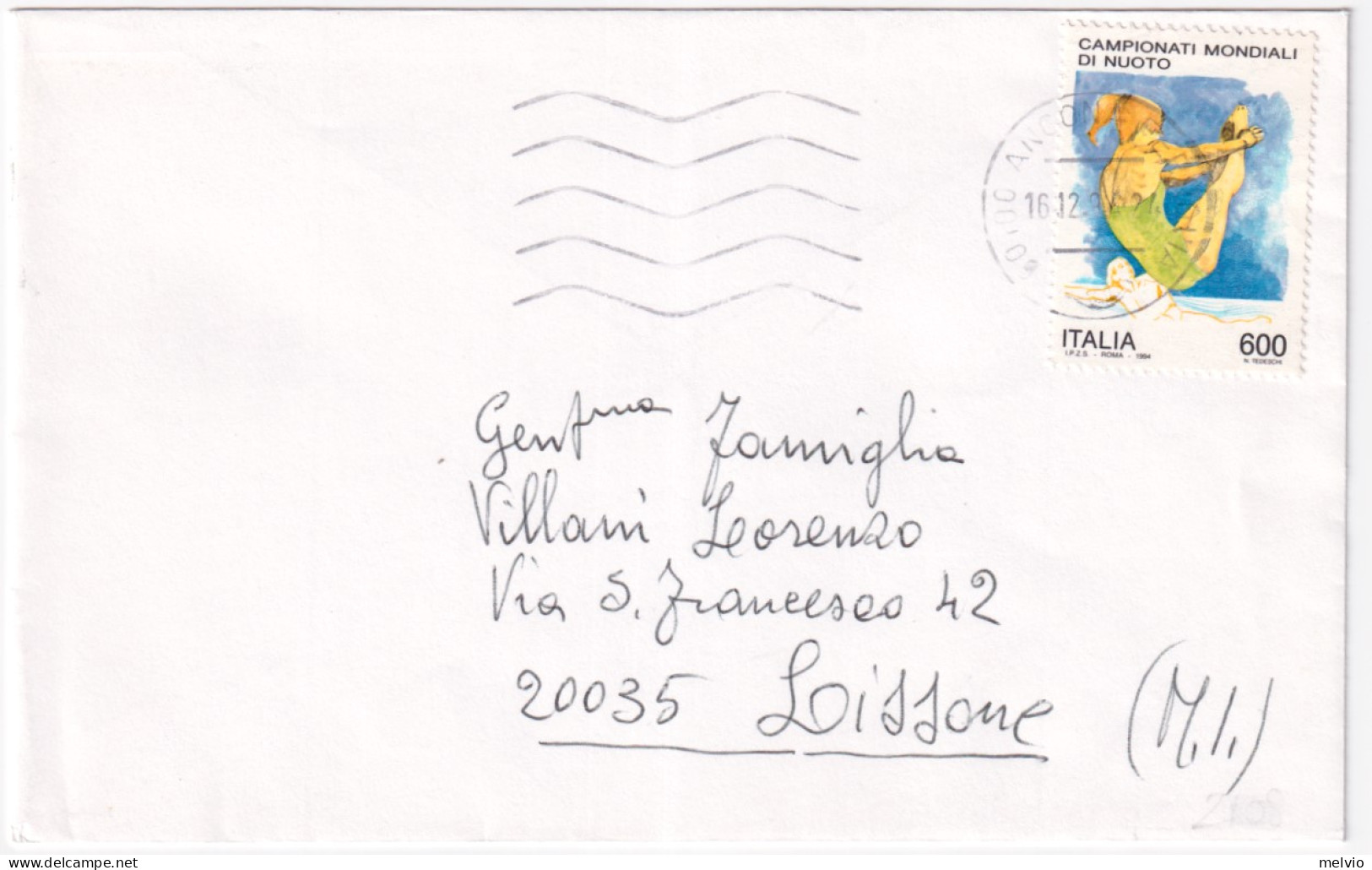 1995-CAMPIONATO NUOTO Lire 600 (2108) Isolato Su Partecipazione - 1991-00: Poststempel