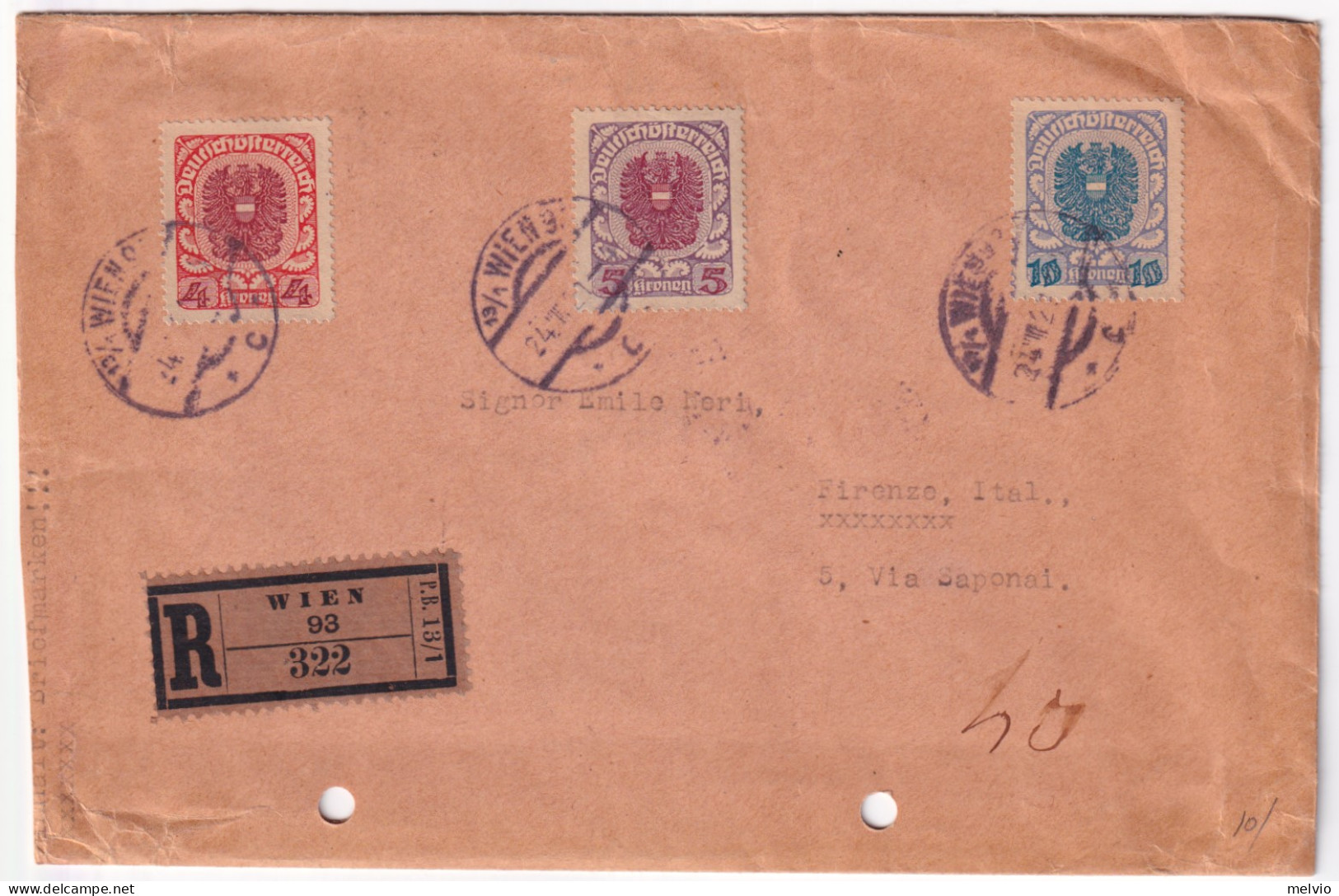 1921-Austria Stemma Kr. 4, 5, 10 E Al Verso Kr.3 (227/9+231) Su Raccomandata Vie - Sonstige & Ohne Zuordnung