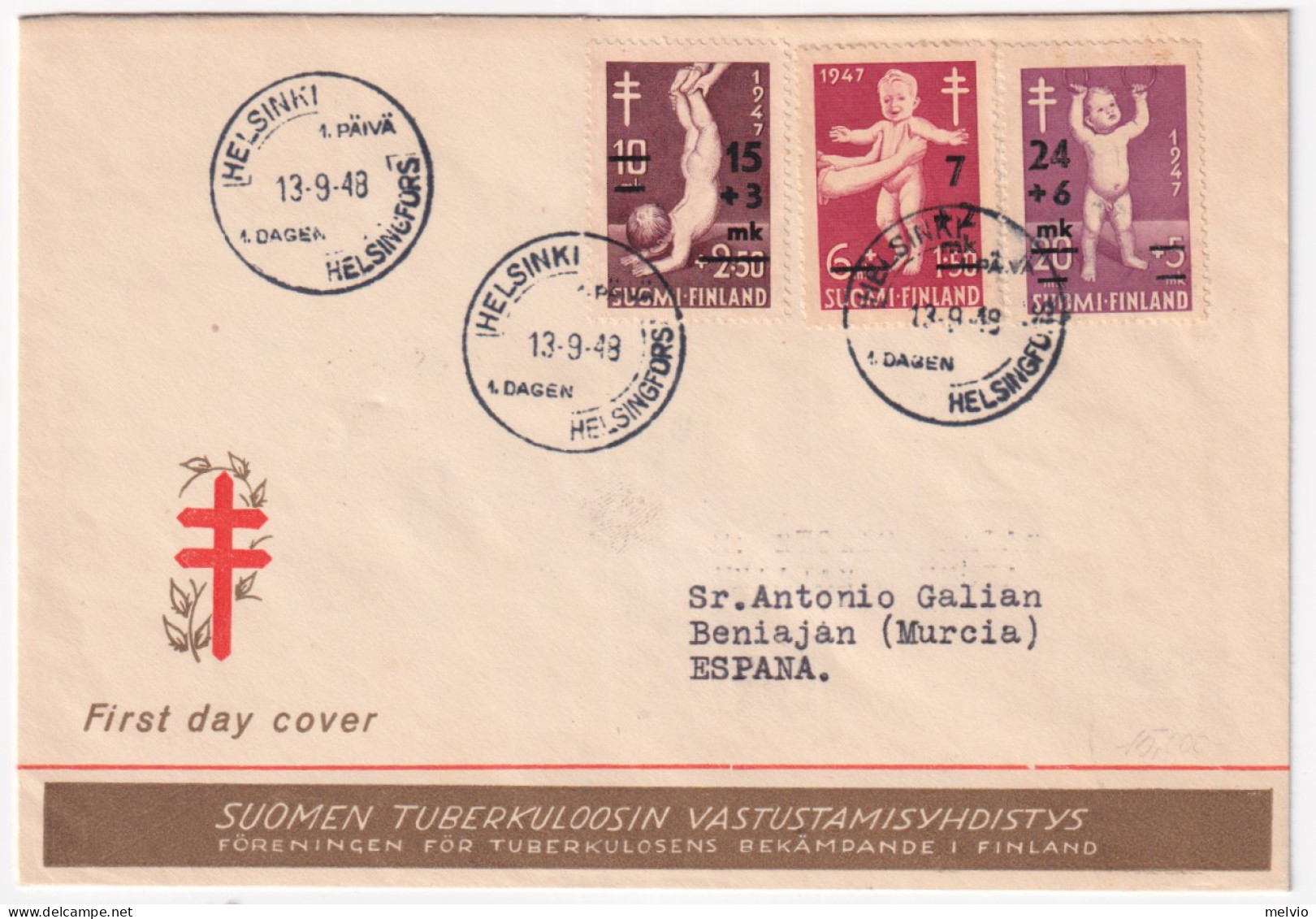 1948-Finlandia Pro Tubercolotici Serie Cpl. (338/0) Fdc Per La Spagna - FDC