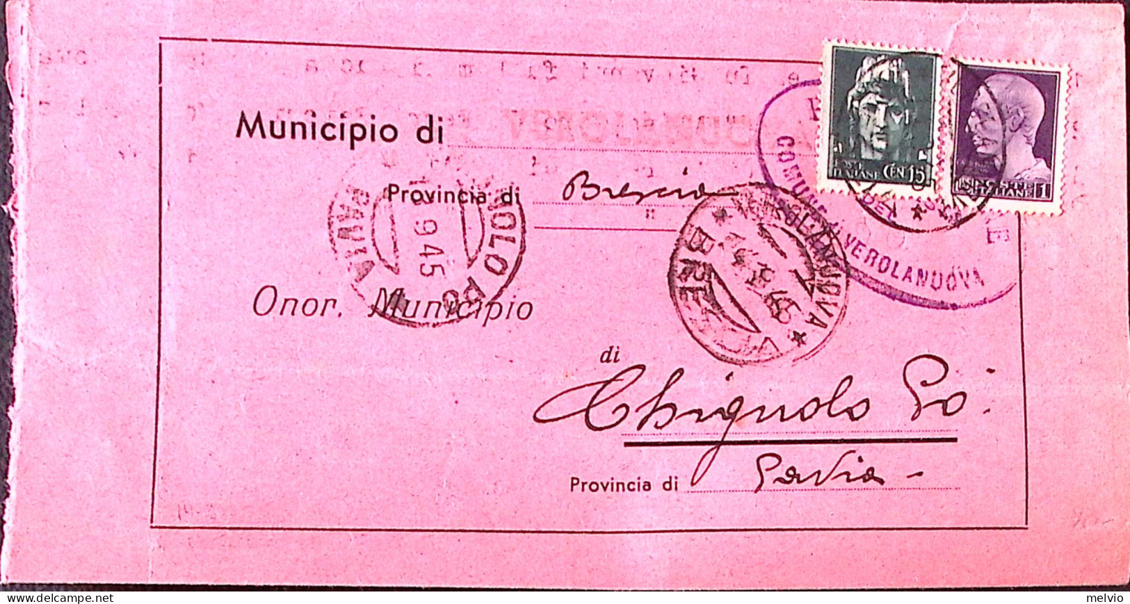 1945-Imperiale Senza Fasci Lire 1 + Imperiale Senza Filigrana C.15 Su Piego (10. - Marcophilie