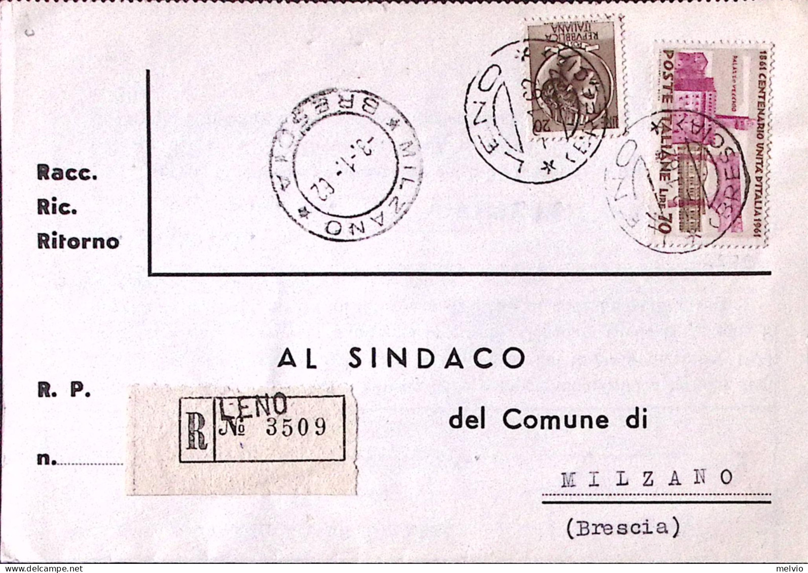 1962-UNITA' D'ITALIA Lire 70 + Siracusana Lire 20 (768+929) Su Cartolina Raccoma - 1961-70: Marcophilie