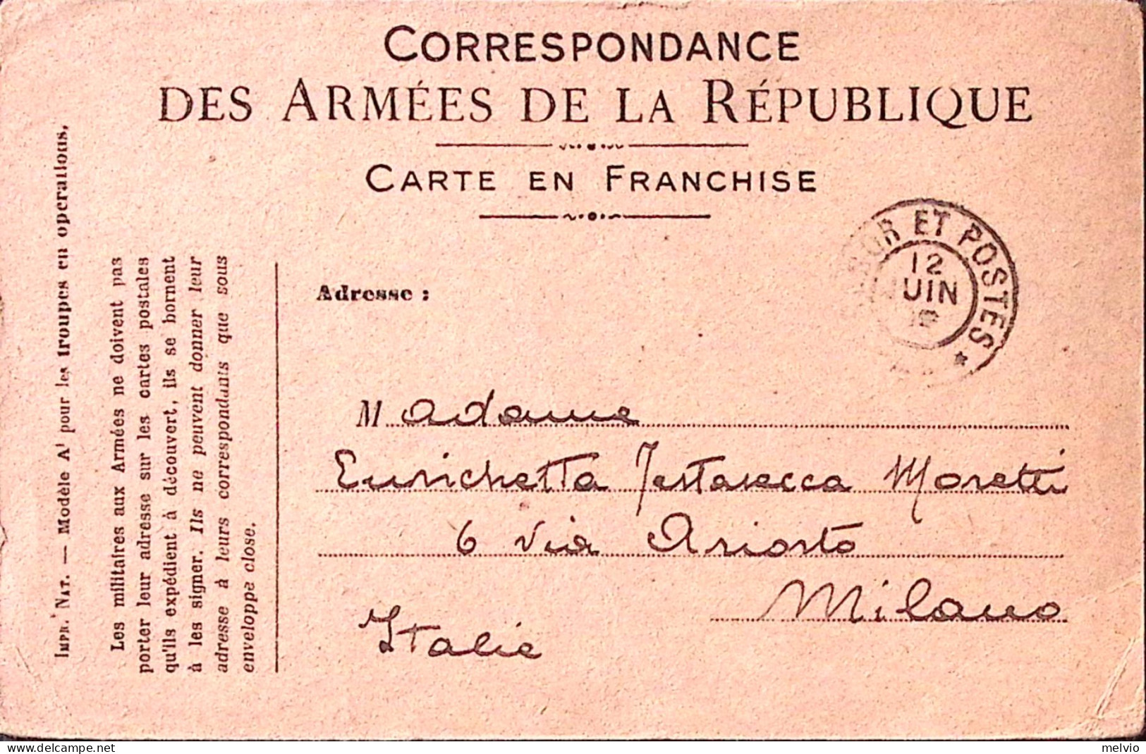 1918-Francia TRESOR ET POSTES C.2 (12.6) Su Cartolina Franchigia Da Militare Ita - WW I