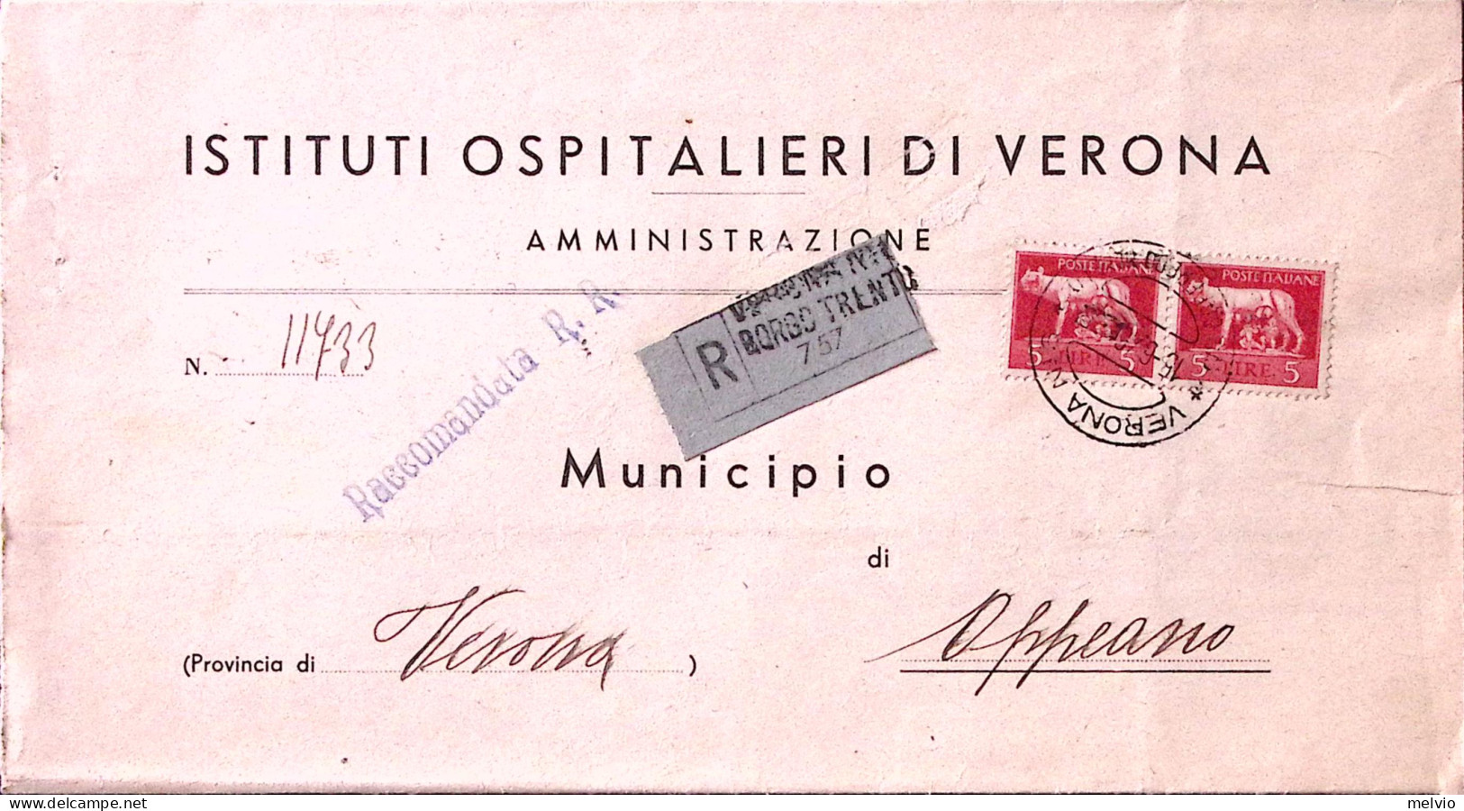 1946-Imperiale Senza Fasci Coppia Lire 5 Su Piego Racc. Verona (15.6) - Marcofilie