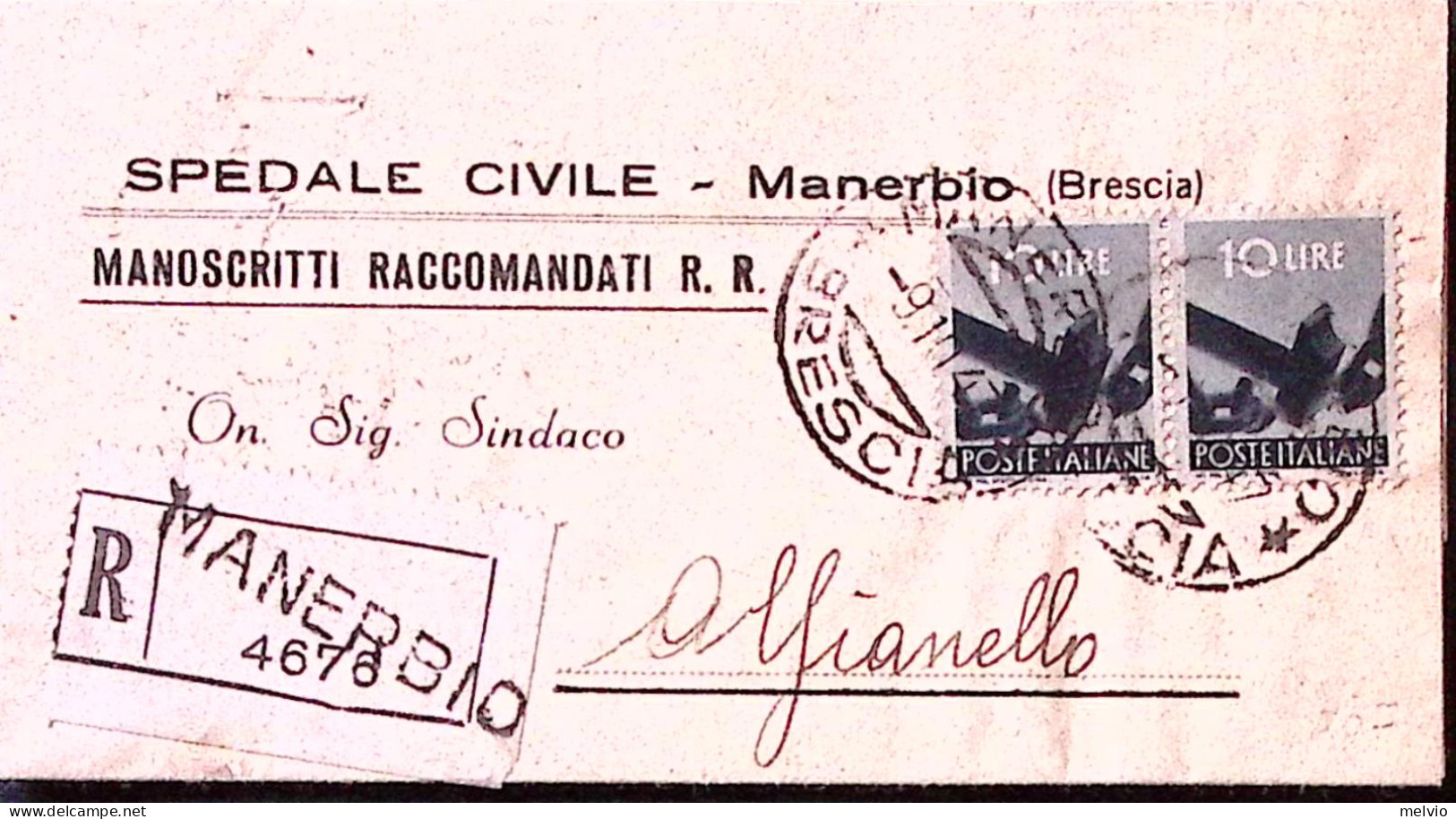 1947-Democratica Coppia Lire 10 Ardesia (558) Su Piego Raccomandata Manerbio (9. - 1946-60: Marcophilia