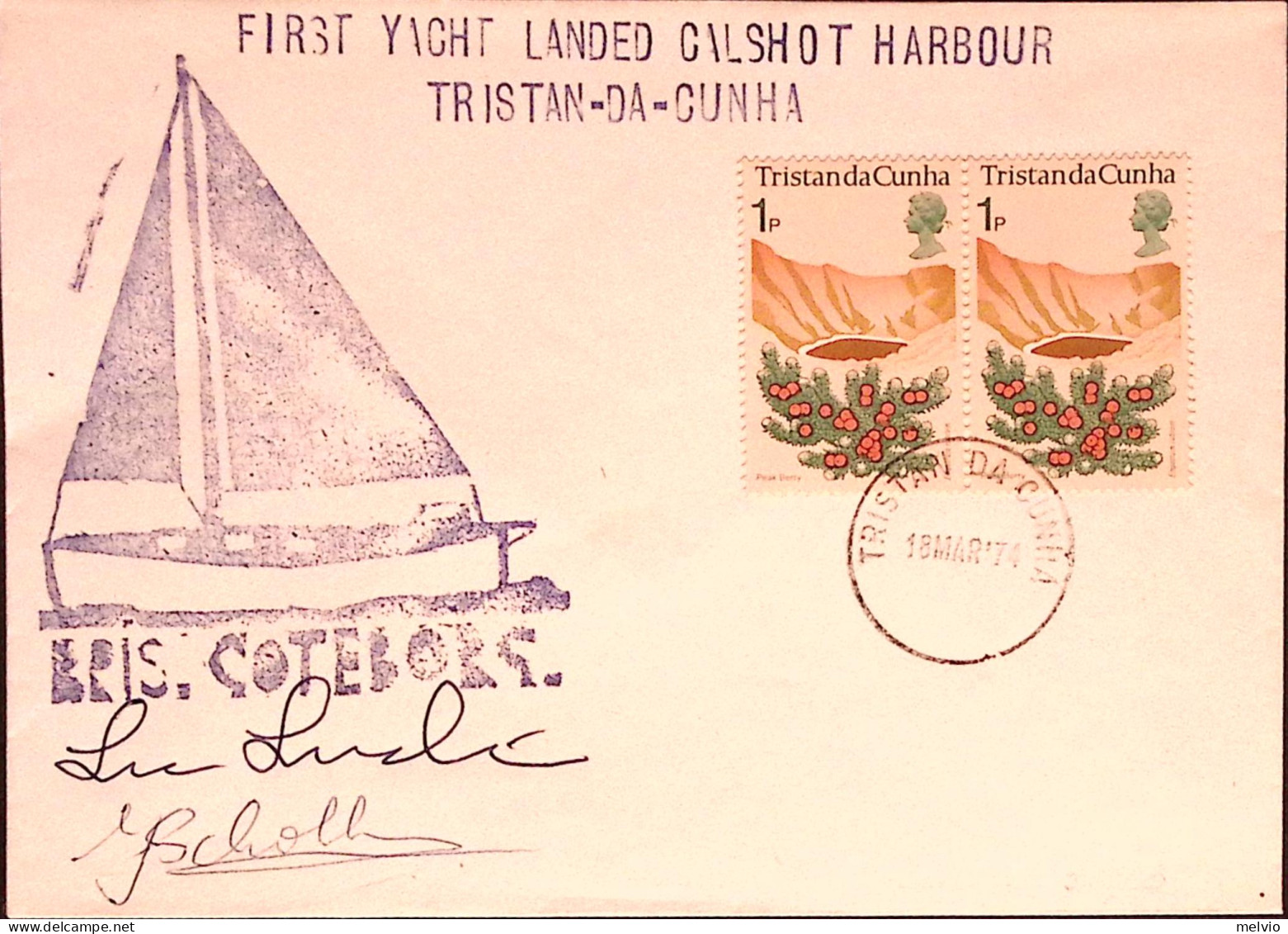 1974-TRISTAN da CUNHA 1 Yacht landed Calshot Harbour (18.3) annullo speciale su 