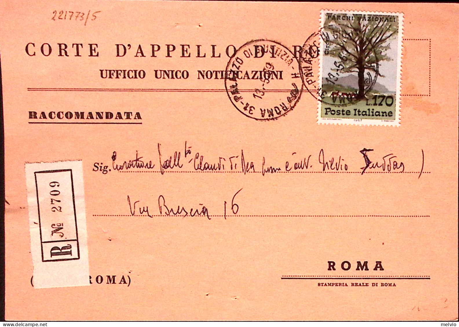 1969-PARCHI Lire 170 Isolato Su Cartolina Raccomandata Roma (13.6) - 1961-70: Marcofilie