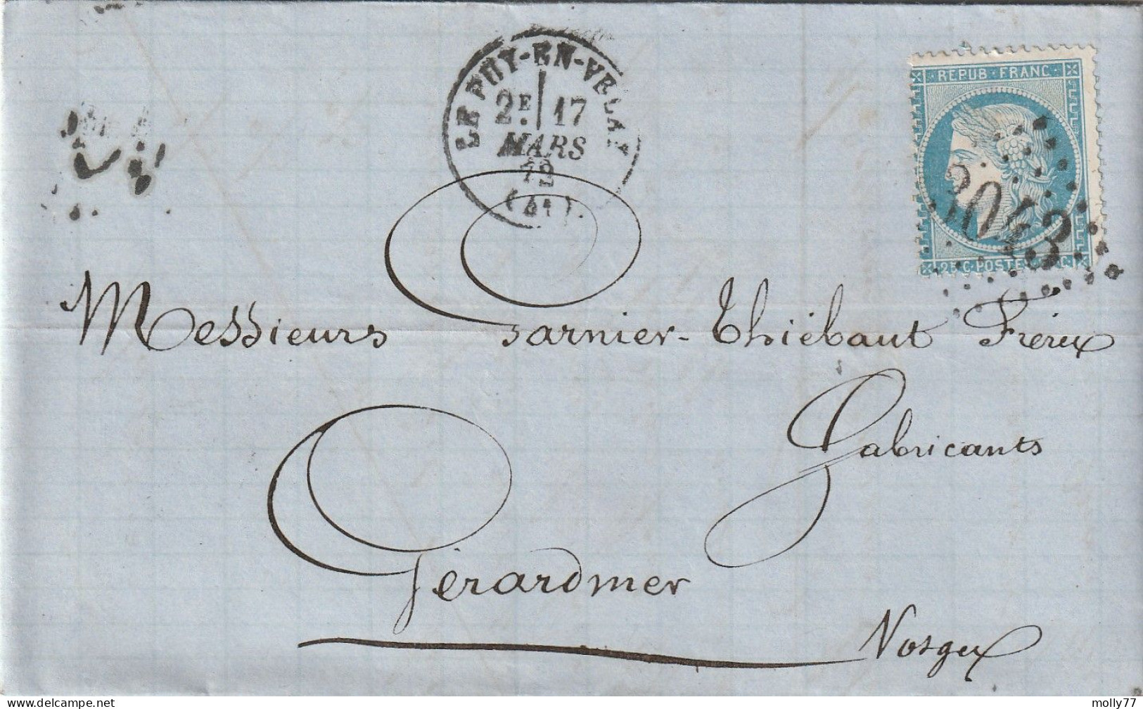 Lettre De Le Puy En Velay à Gérardmer LAC - 1849-1876: Classic Period