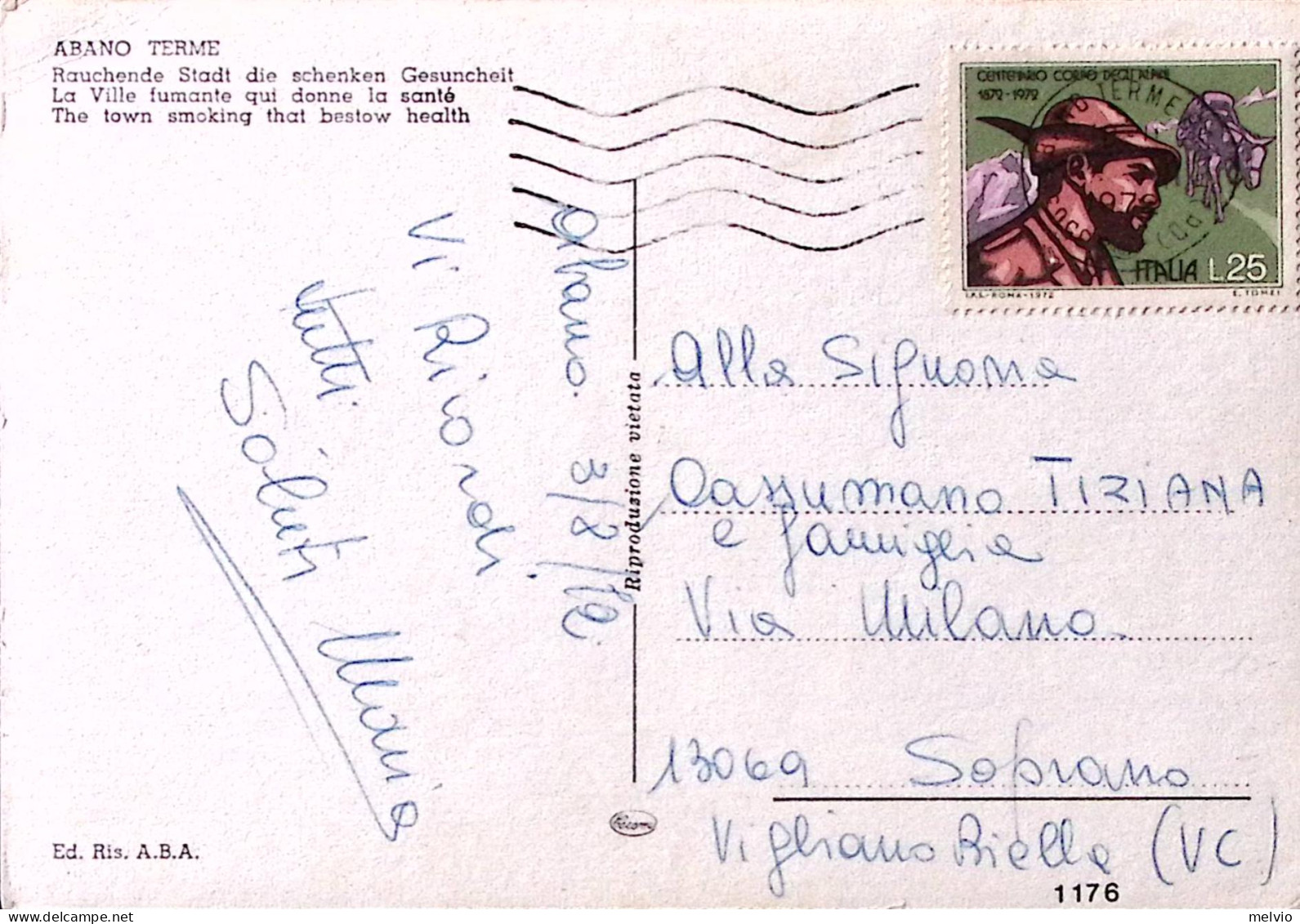 1972-ABANO TERME Viaggiata Affrancata 100^ CORPO Alpini Lire 25 - 1971-80: Poststempel