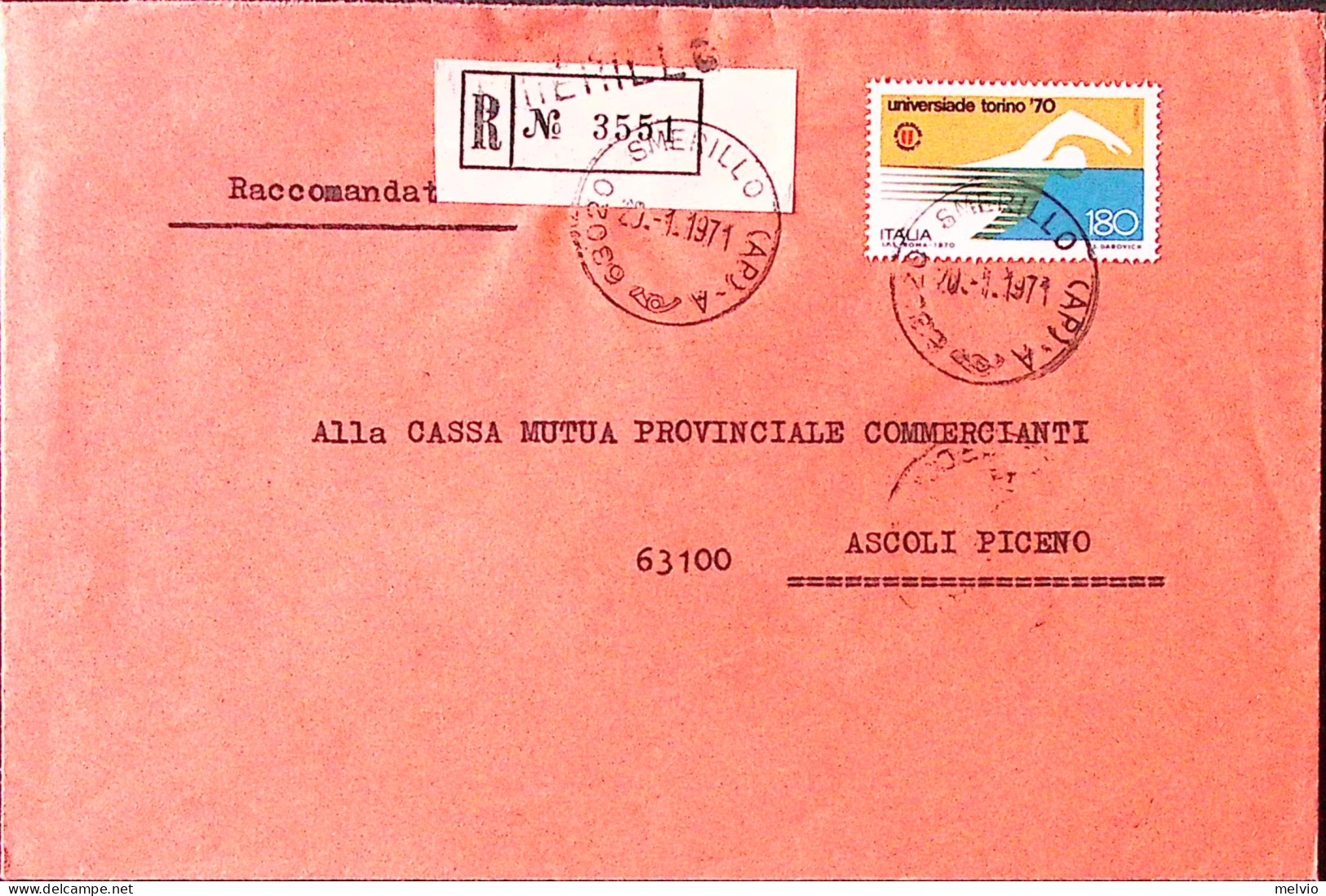 1971-UNIVERSIADI Lire 180 Isolato Su Busta Raccomandata Smerillo (20.1) - 1971-80: Poststempel