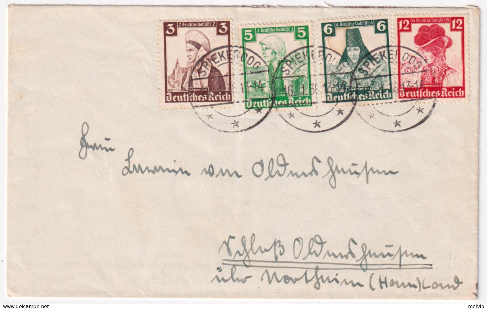 1936-GERMANIA REICH Soccorso Invernale P.3, 5, 6 E 12 Su Busta Spiekergog (16.1) - Covers & Documents