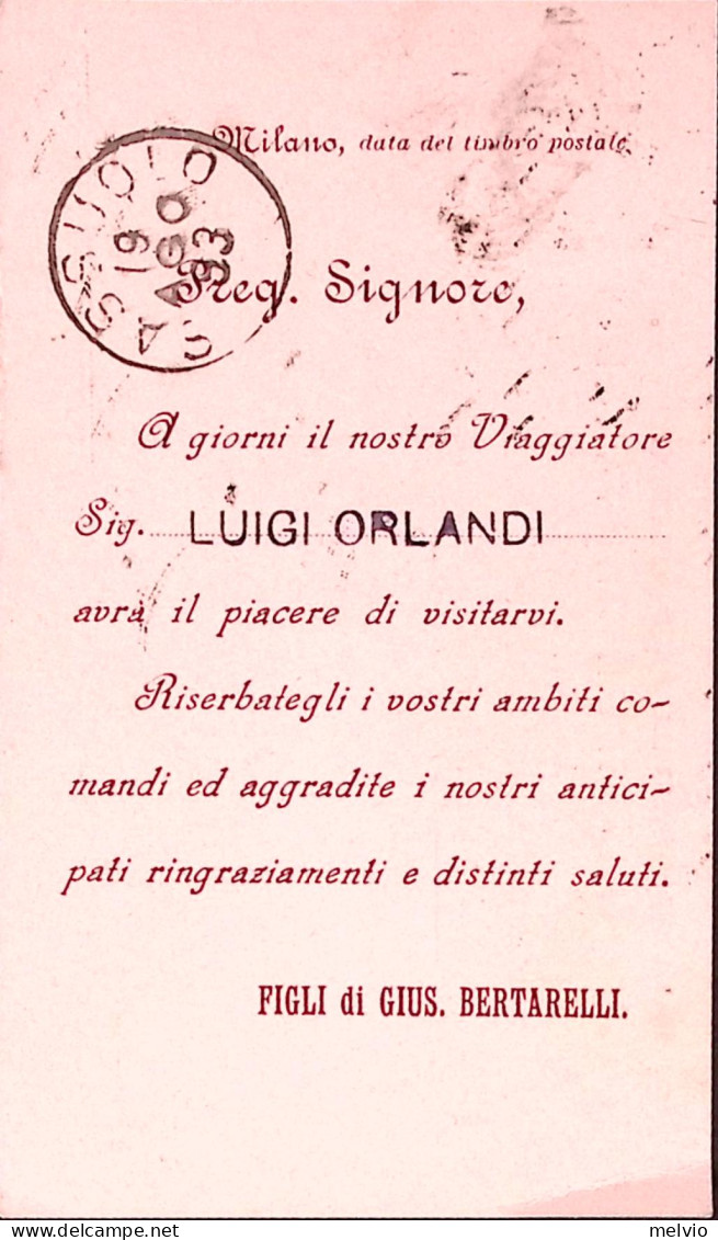 1894-DROGHE MEDICINALI BERTARELLI-MILANO Avviso Di Passaggio Milano (18.8) Affra - Marcofilie