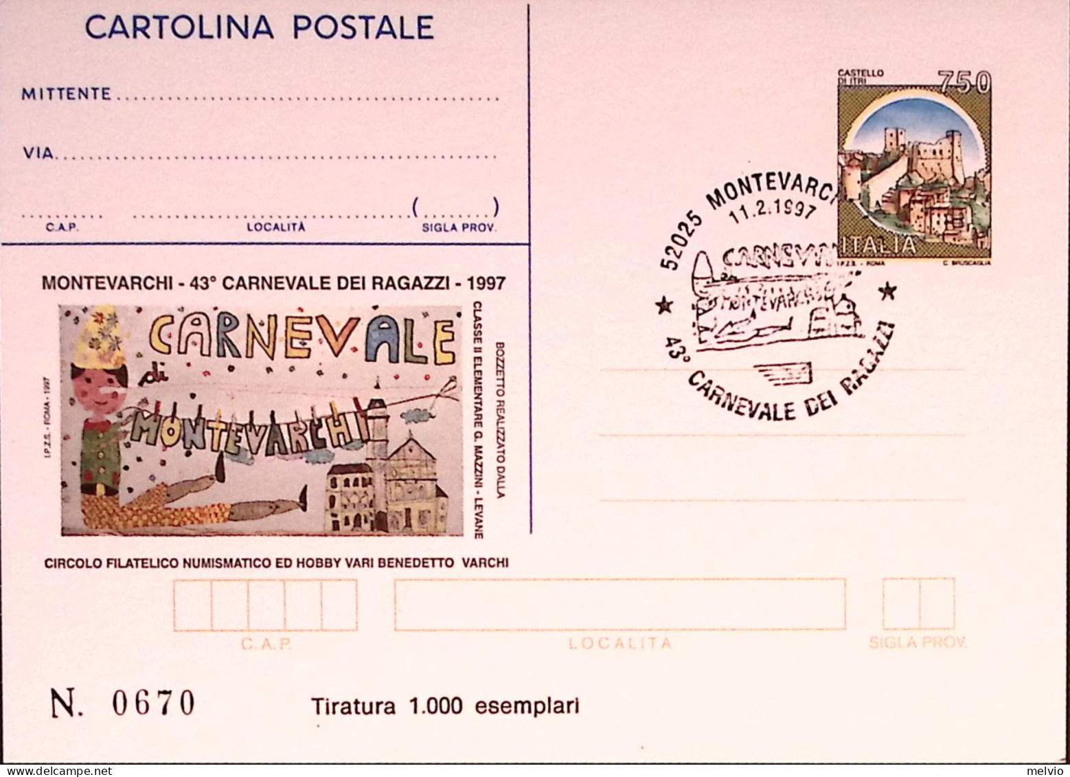 1997-MONTEVARCHI-CARNEVALE Cartolina Postale IPZS Lire 750 Ann Spec - Postwaardestukken