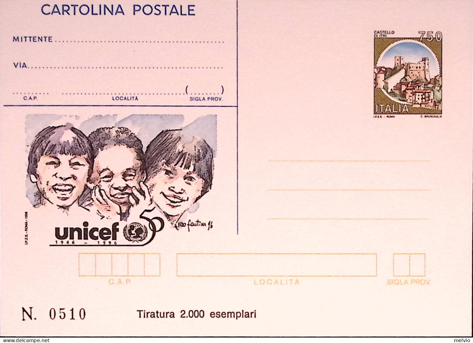 1996-UNICEF Cartolina Postale IPZS Lire 750 Nuova - Stamped Stationery