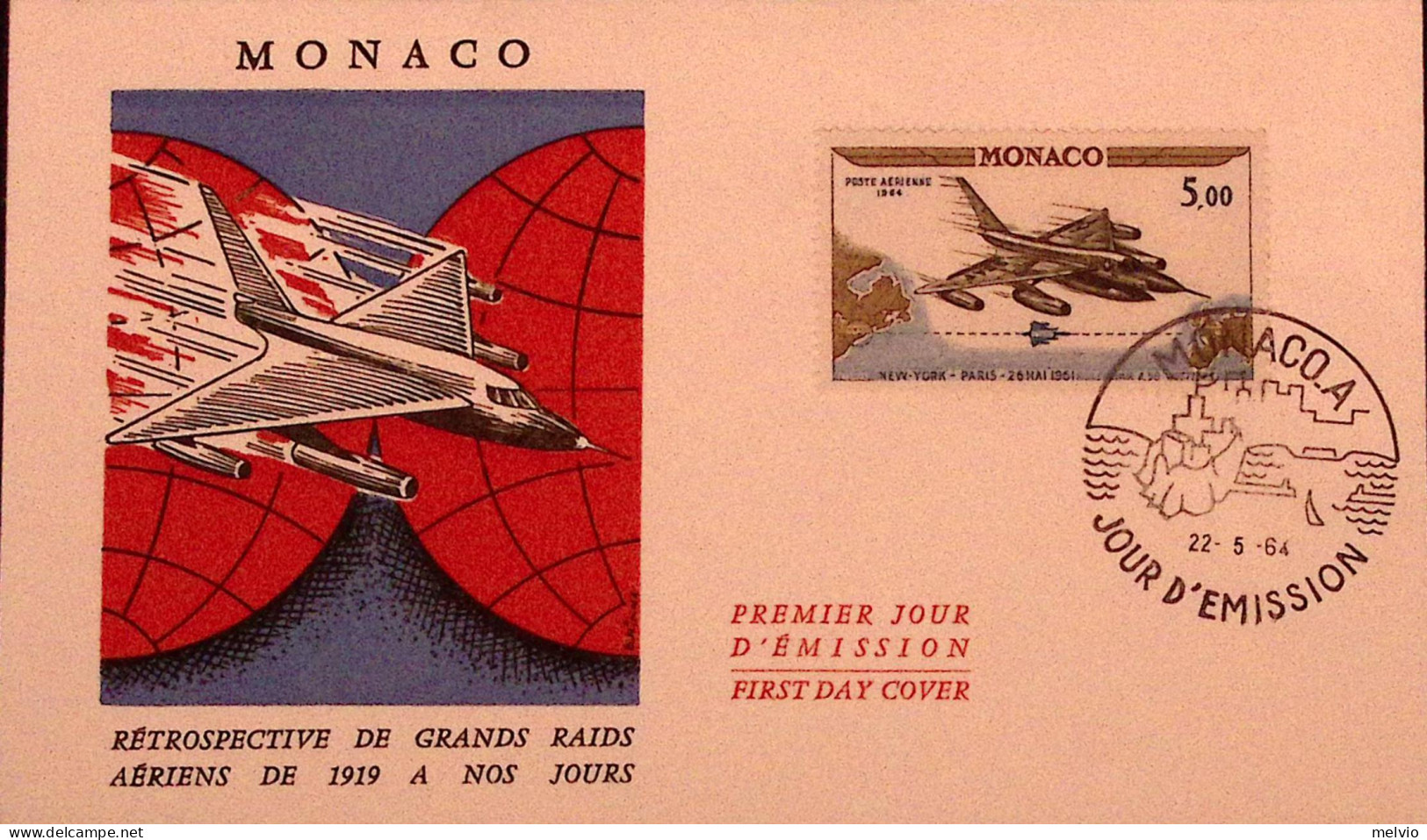 1964-MONACO 3 Ann. Volo New York-Parigi F.5 (PA 82) Fdc - FDC
