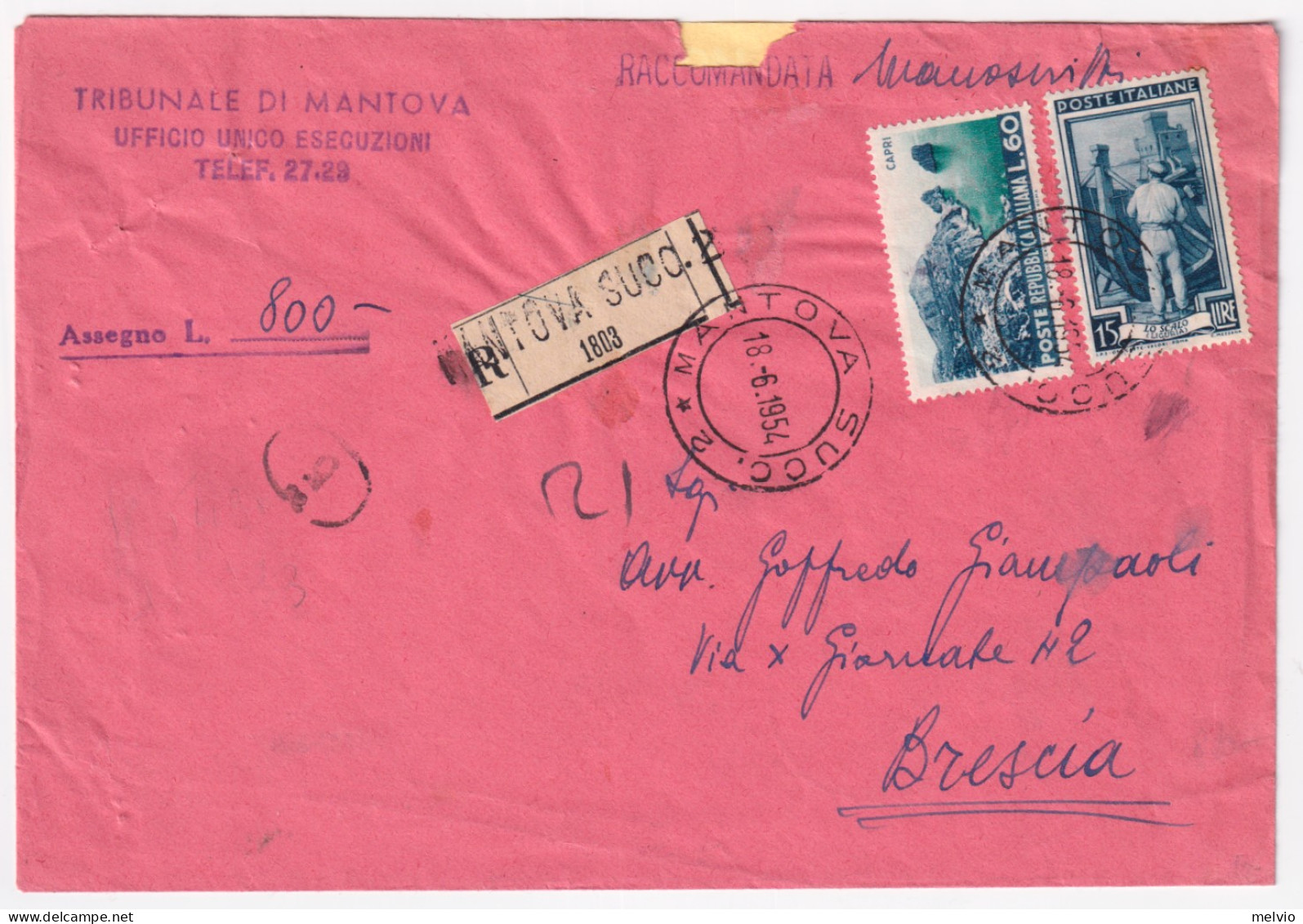 1954-TURISTICA Lire 60 + ITALIA LAVORO Lire 15 (641+732) Su Raccomandata/c. Asse - 1946-60: Marcophilie