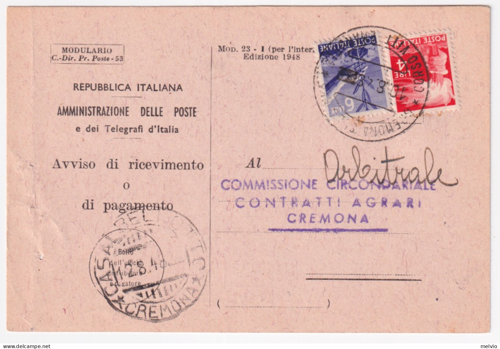 1948-Democratica Lire 4 E 6 Su Avviso Ricevimento Cremona (10.8 ULTIMO GIORNO TA - 1946-60: Marcophilie