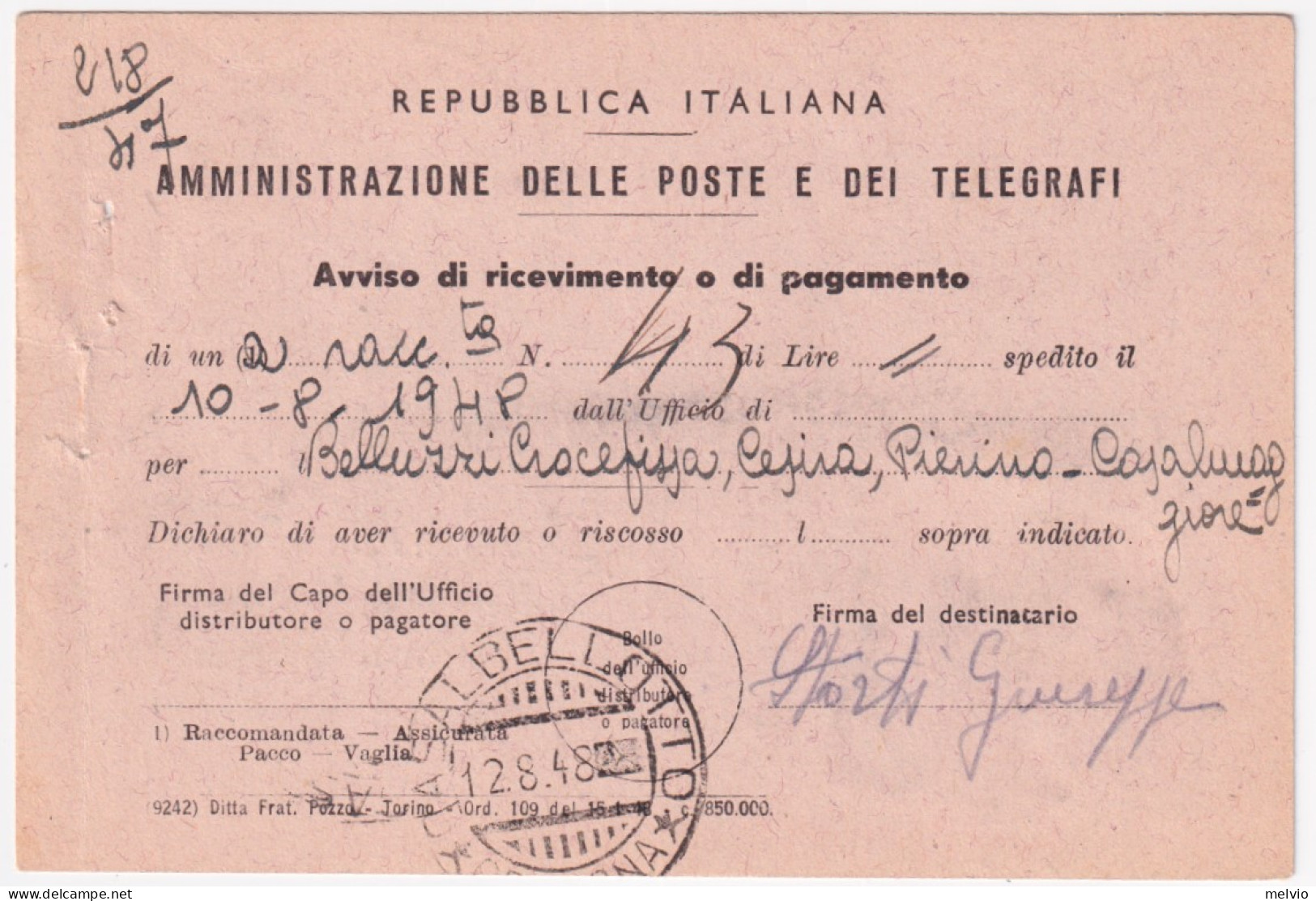 1948-Democratica Lire 4 E 6 Su Avviso Ricevimento Cremona (10.8 ULTIMO GIORNO TA - 1946-60: Marcophilie