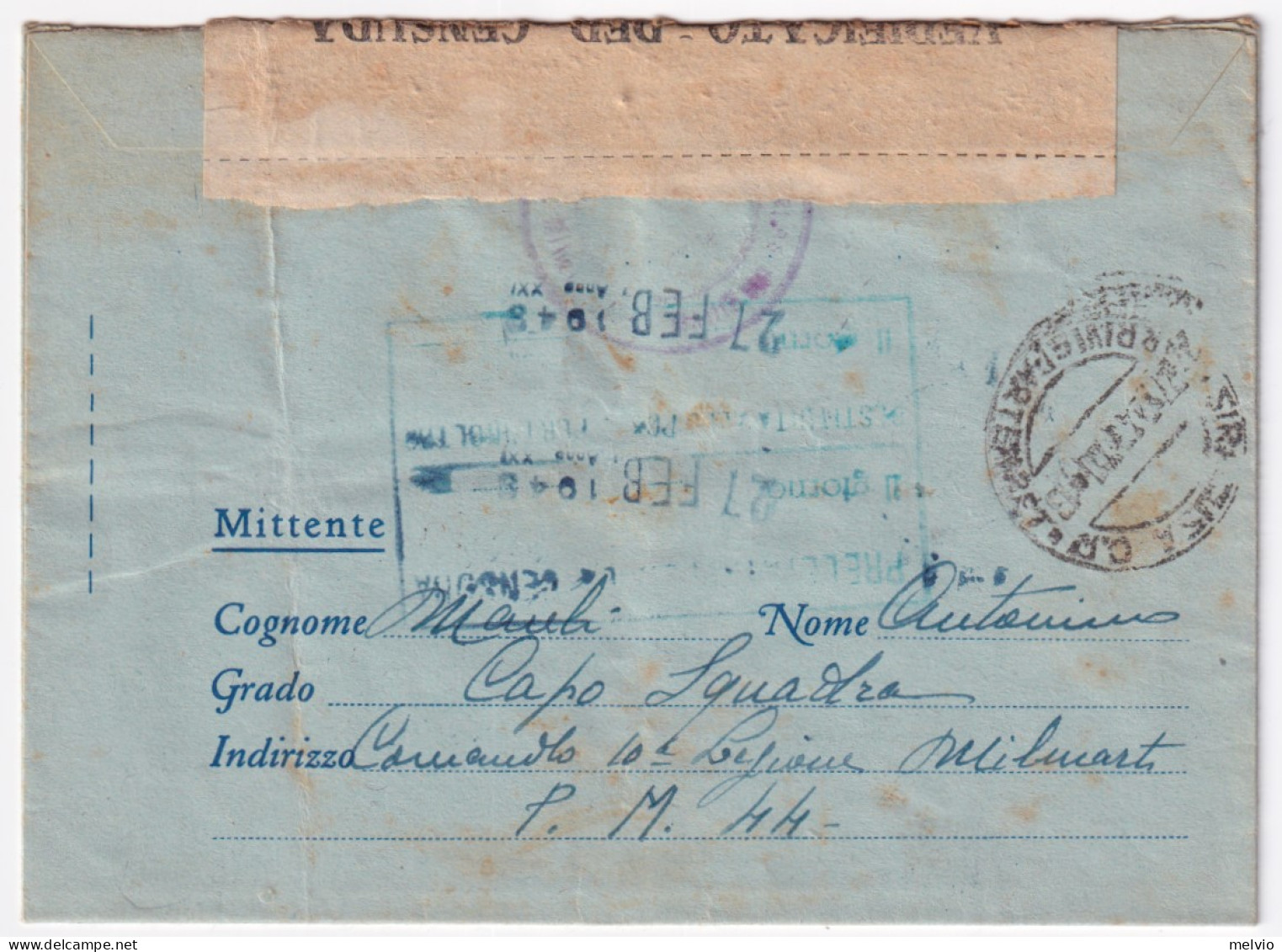 1943-Posta Militare/n. 44 C.2 (22.02) Su Biglietto Franchigia - Marcophilie