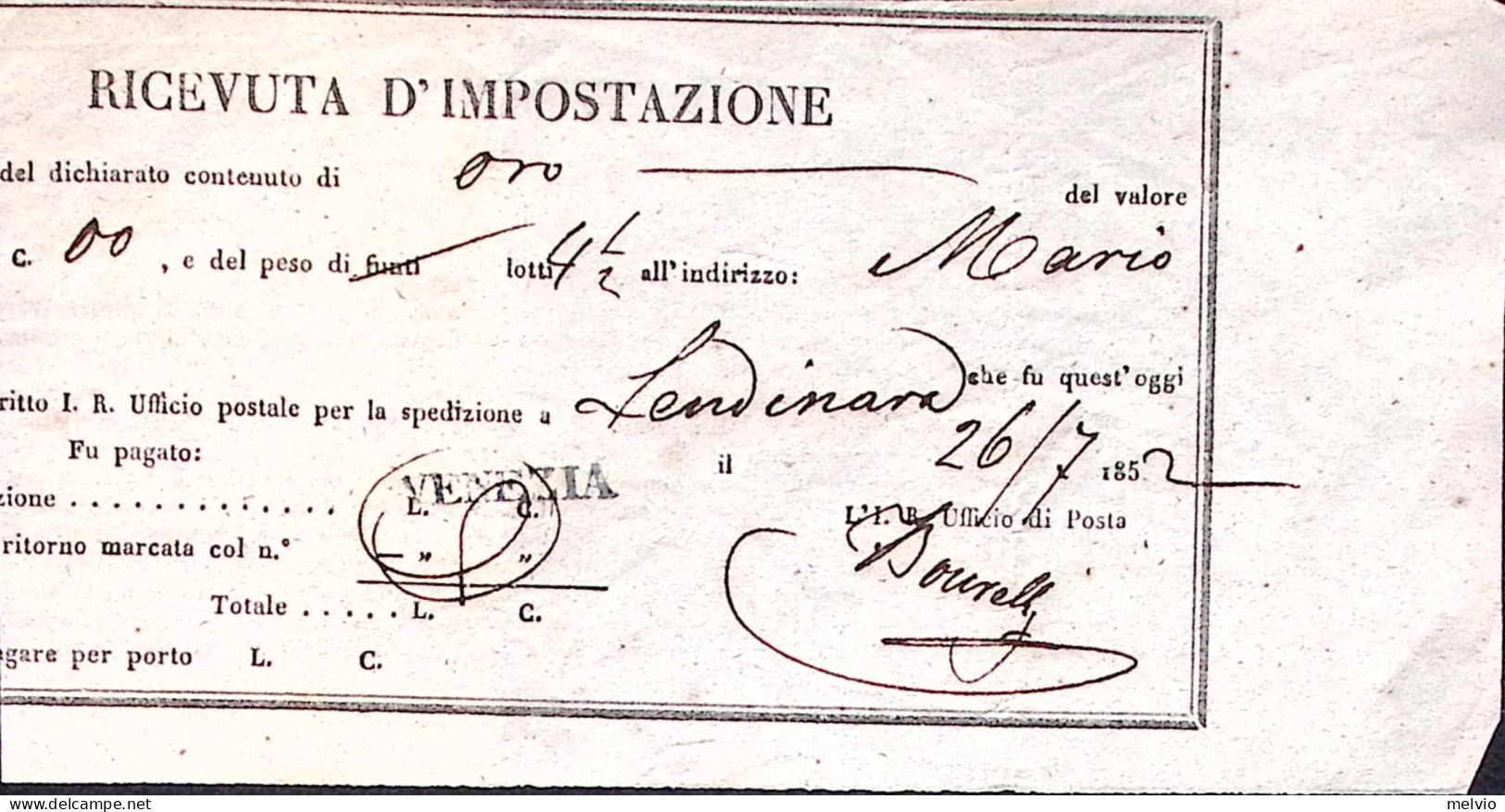 1852-LOMBARDO VENETO Venezia SD Su Ricevuta Impostazione (26.7) - Lombardo-Venetien