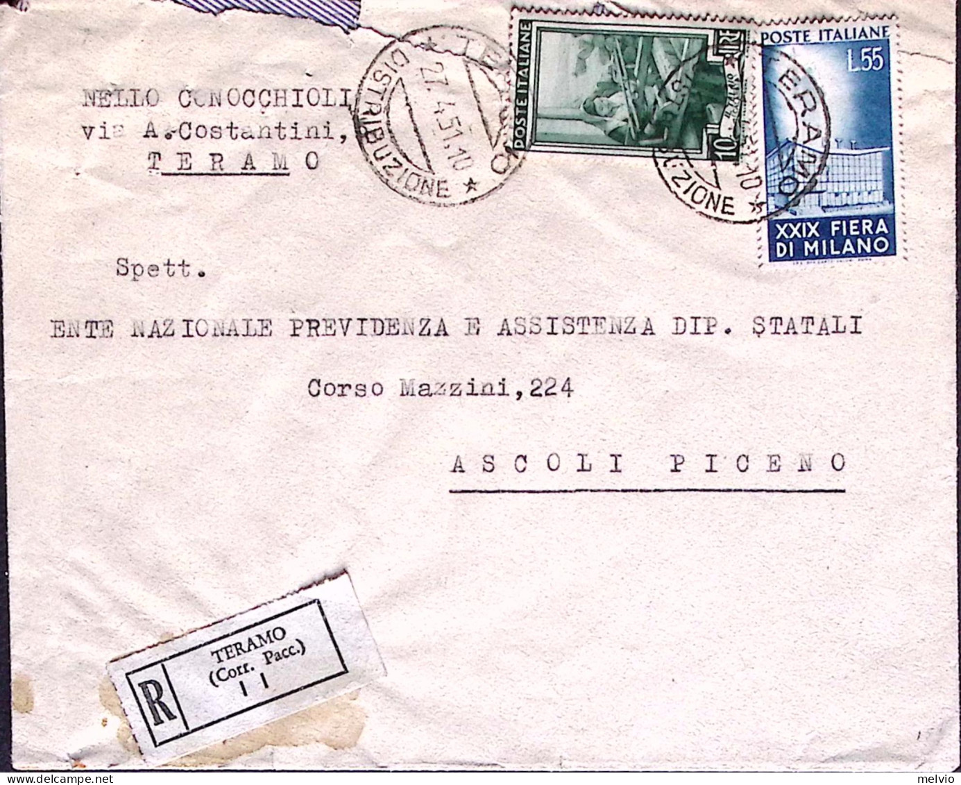 1951-FIERA MILANO Lire 55 + IT. LAV. Lire 10 Su Raccomandata Teramo (27.4) - 1946-60: Marcophilia