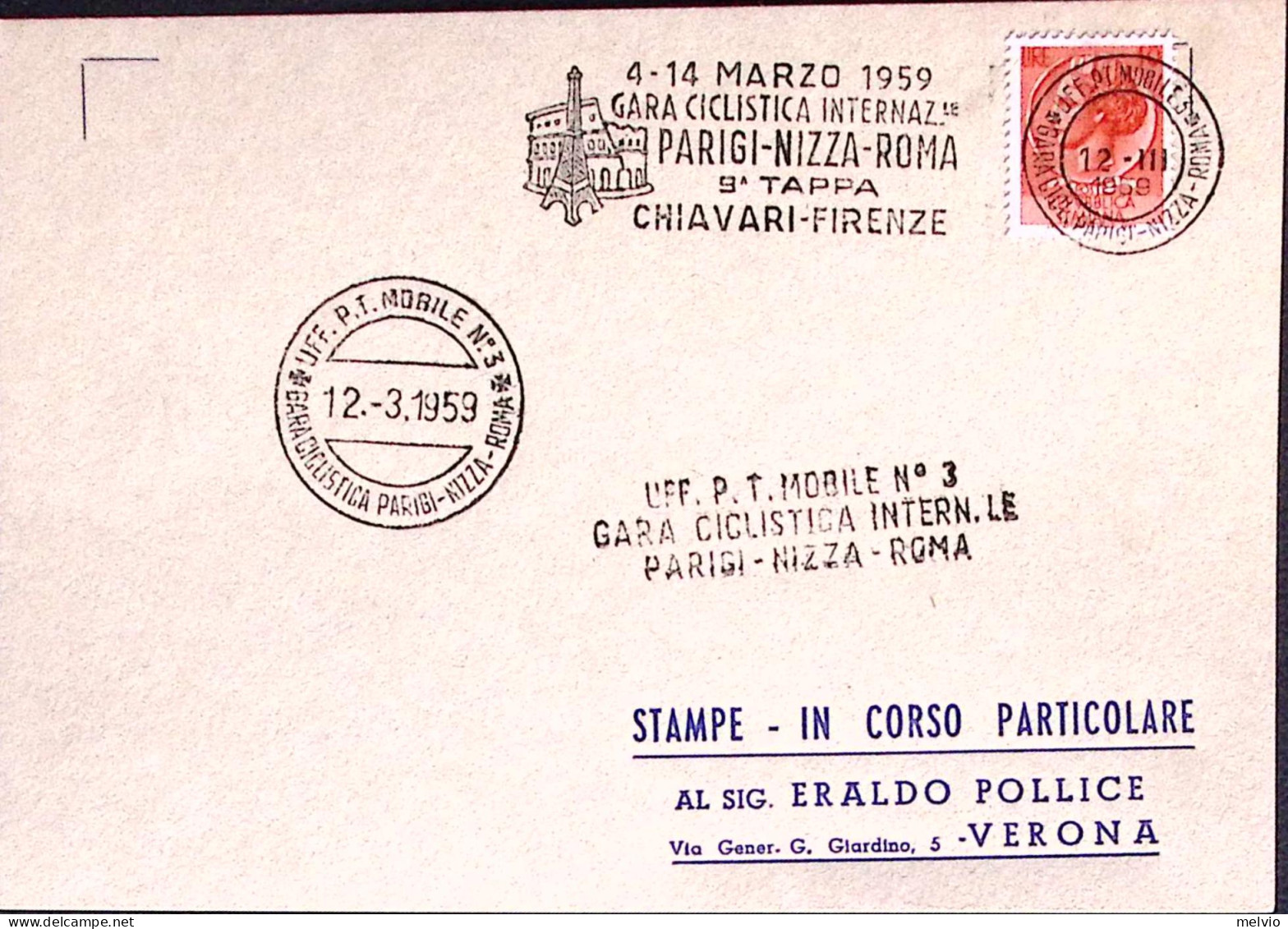 1959-GARA CICLISTICA INTERN./PARIGI-NIZZA-ROMA/9 TAPPA/ CHIAVARI-FIRENZE (12.3.5 - 1946-60: Marcophilie