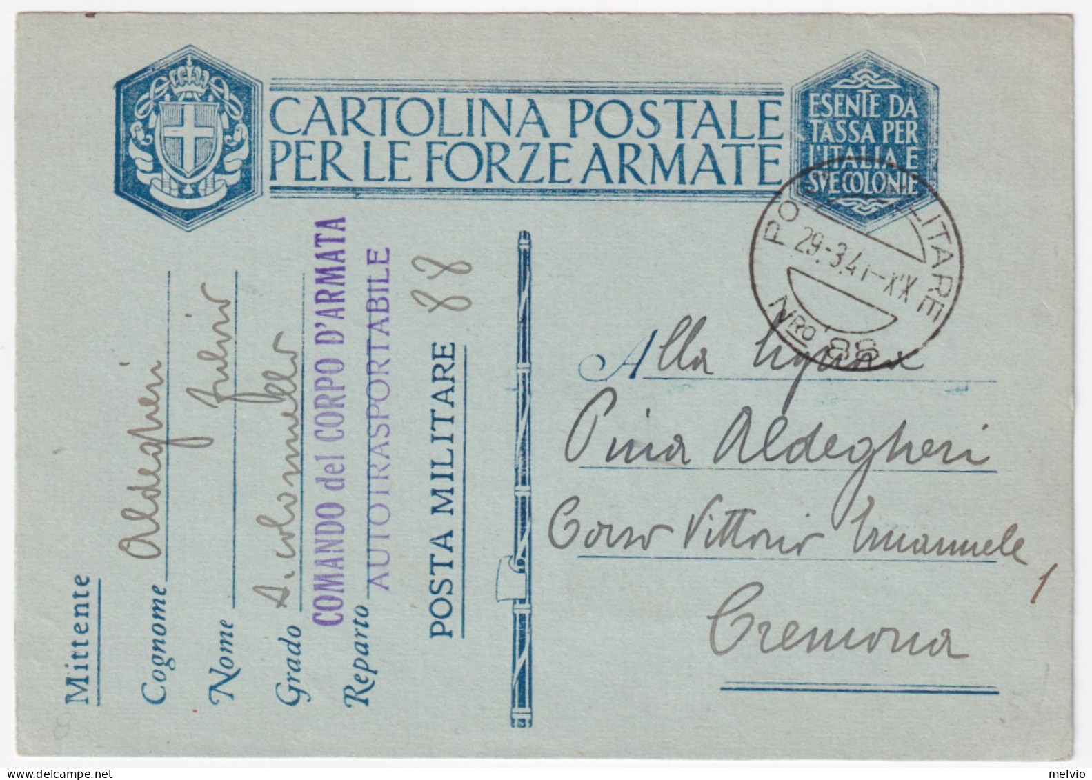 1941-Posta Militare/Nro 88 C.2 (29.3) Su Cartolina Franchigia - Marcophilia