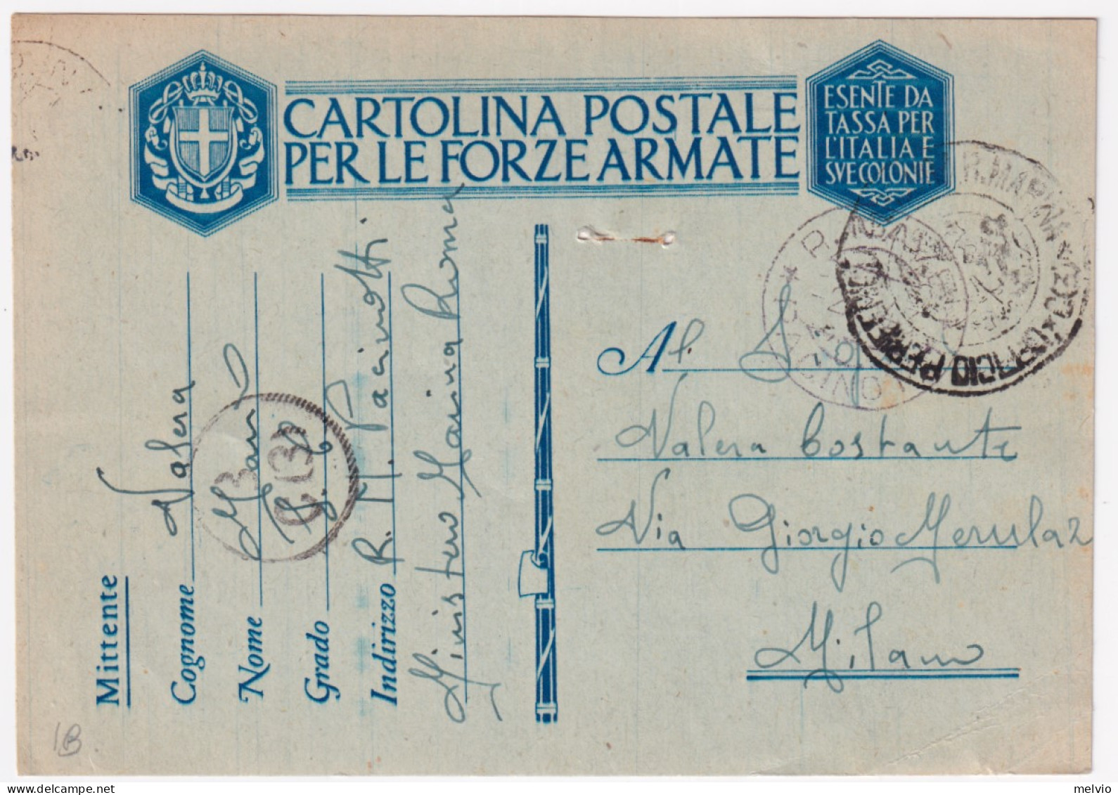 1943-R. NAVE/PACINOTTI (nave Appoggio Sommergibili) C.2 (2.7) Su Cartolina Franc - Marcofilie