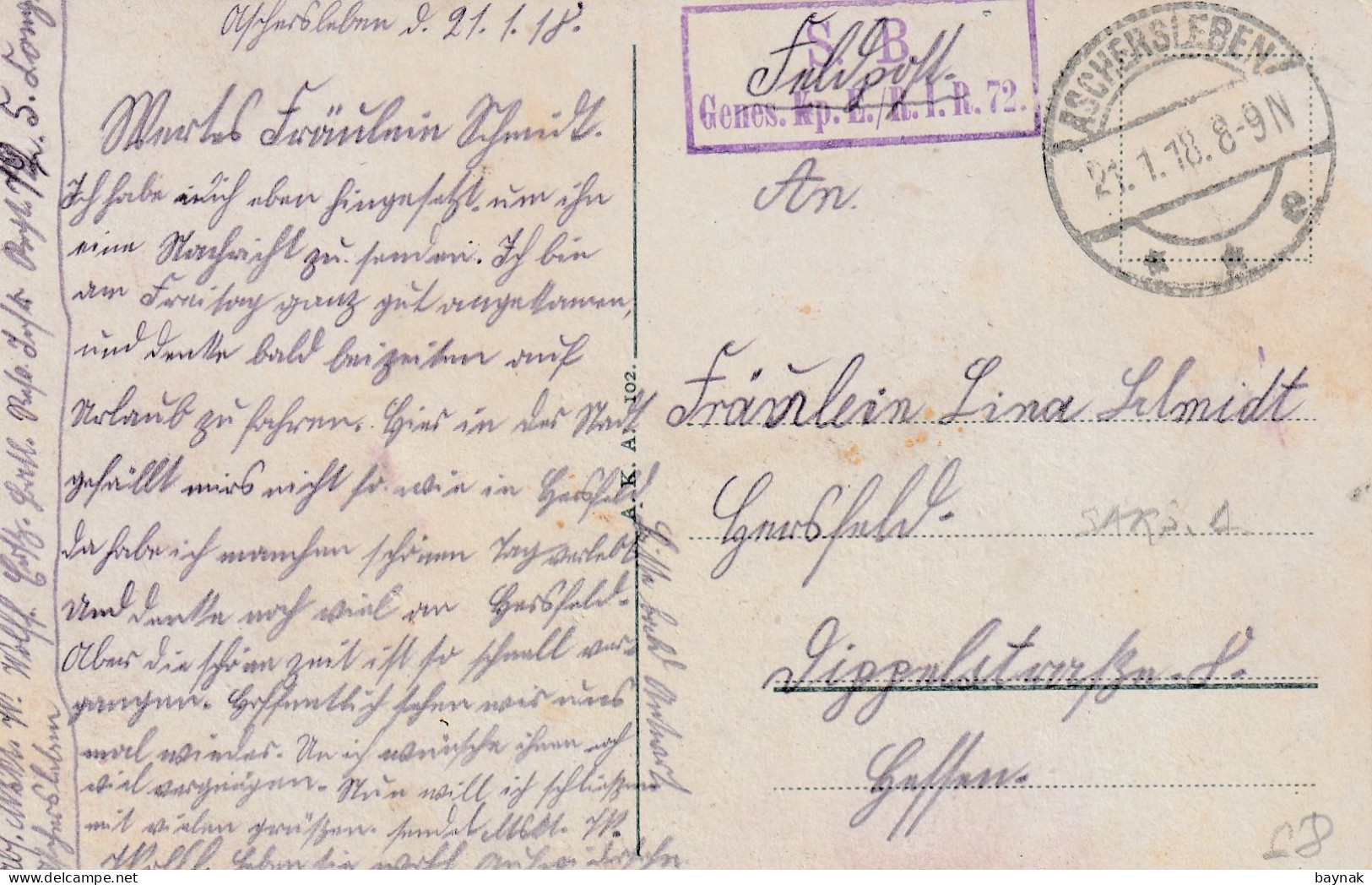 DE355   --  ASCHERSLEBEN  --  BURGBERG MIT DEM BURGHAUSE  --  FEDPOST  Genes. Kp. E: / R. I. R. 72   --  1918 - Aschersleben