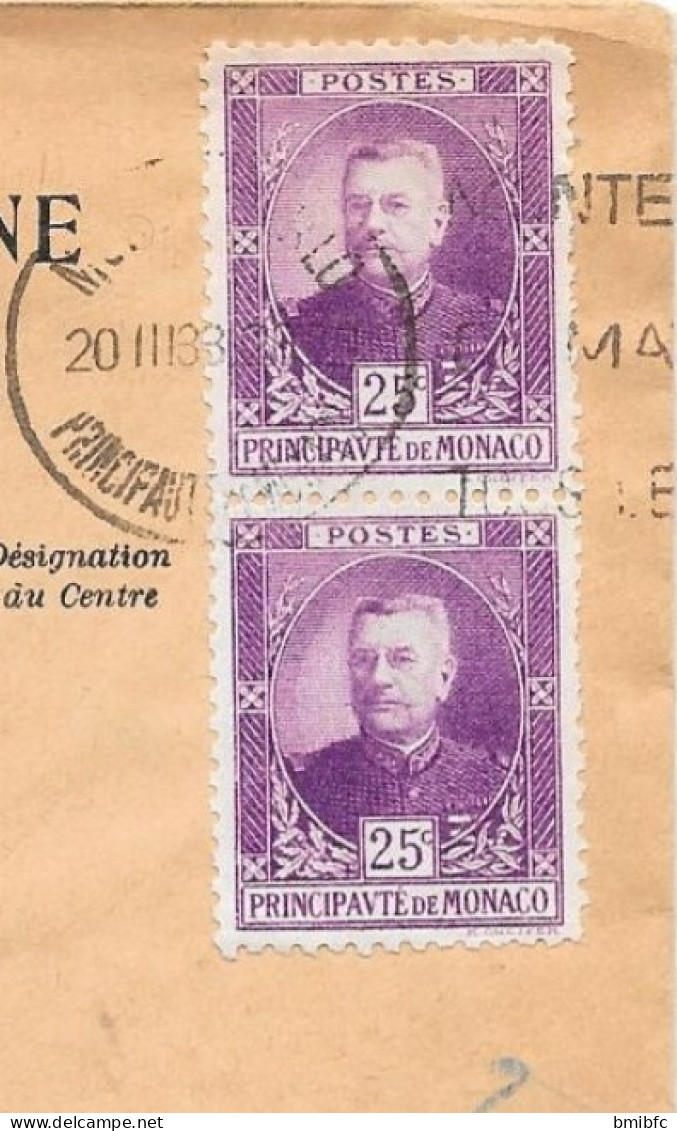 Principauté De Monaco  Sur Lettre  1933 - Lettres & Documents