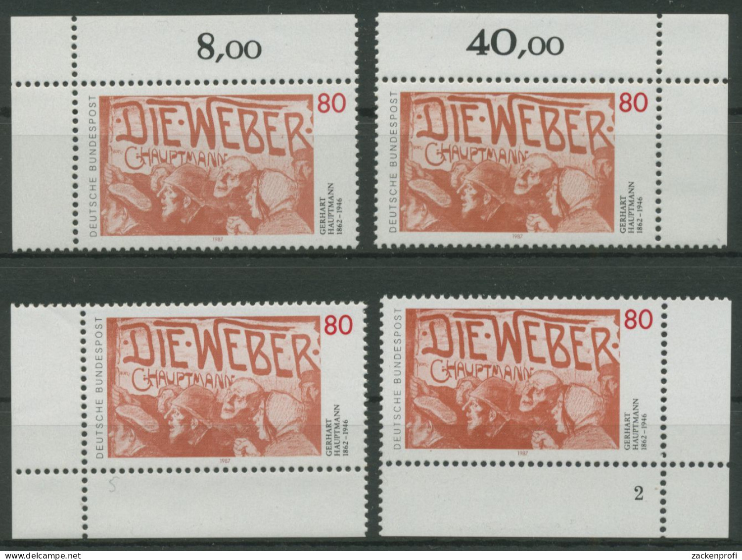 Bund 1987 Gerhart Hauptmann Die Weber 1344 Alle 4 Ecken Postfrisch (E1618) - Neufs