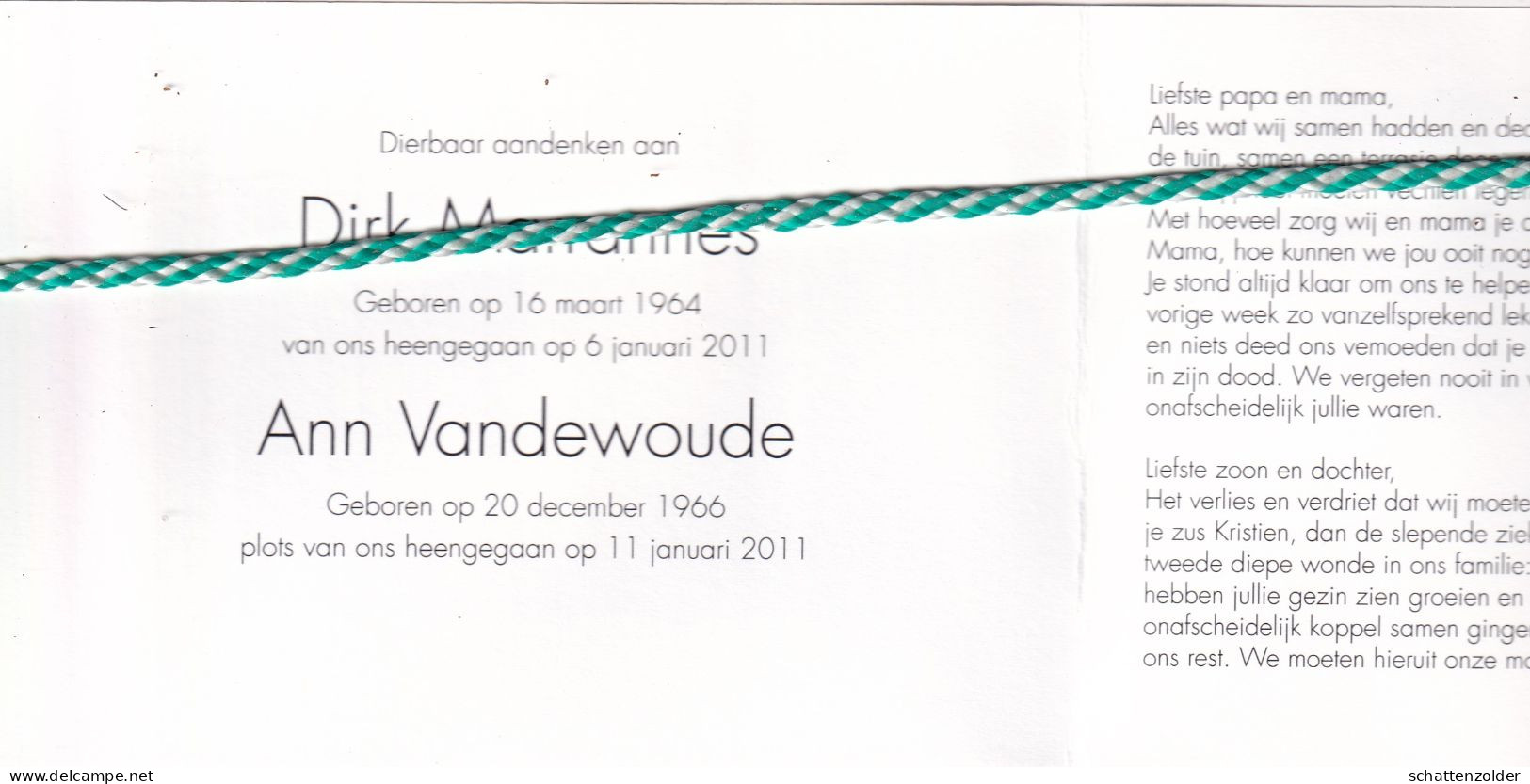 Dirk Marrannes (1964) En Ann Vandewoude (1966), 2011. Foto - Overlijden