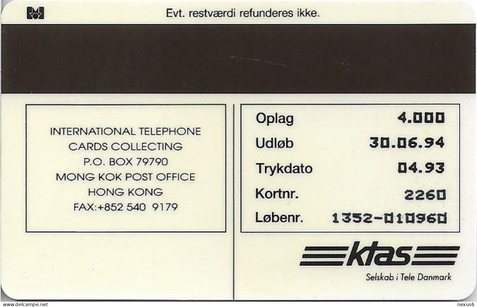 Denmark - KTAS - Intl. Phonecard Expo '93 Hong Kong - TDKP022 - 04.1993, 5kr, 4.000ex, Used