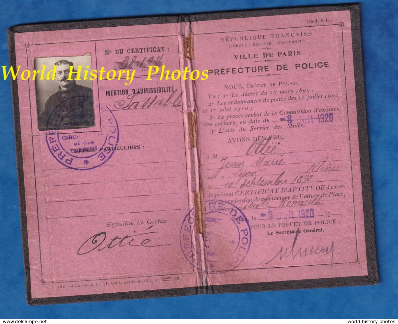 Carte Ancienne - Jean Ottié - Conducteur De Voiture De Place à Moteur Pétrole Renault - 1920 - Taxi ? Permis De Conduire - Documentos Históricos