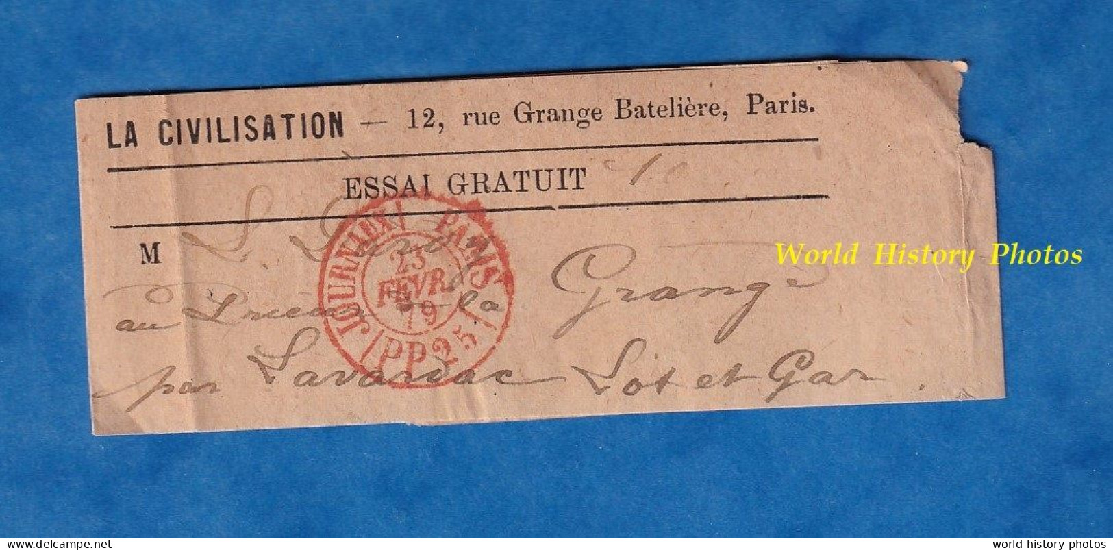 Bande - Journal LA CIVILISATION Rue Grange Bateliere - 1879 - Cachet Rouge JOURNAUX PARIS PP 25 - Lavardac Dardy Prieur - 1877-1920: Semi Modern Period