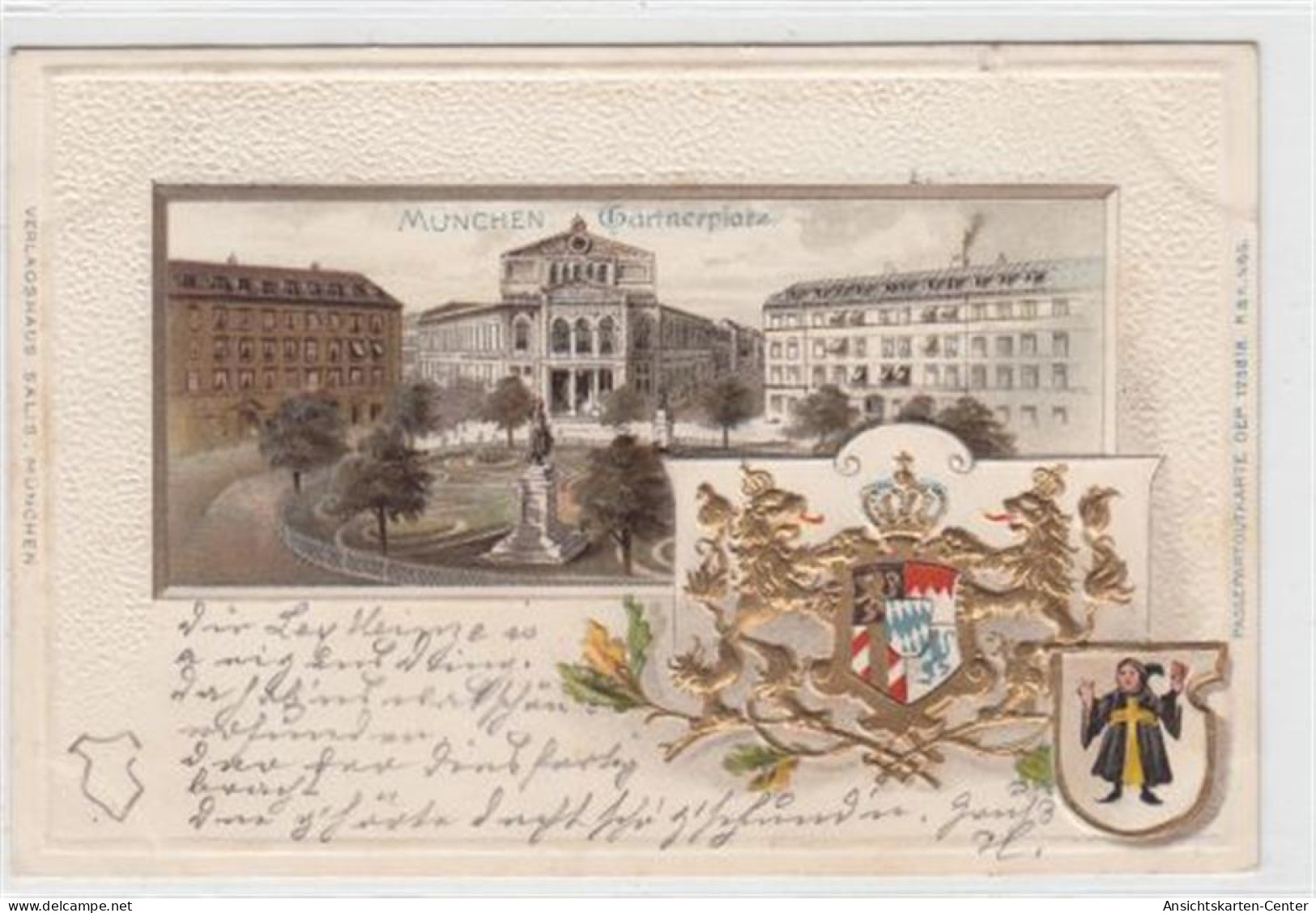 39087011 - Muenchen, Lithographie. Gaertnerplatz Mit Praegewappen Gelaufen, Ca. 1900. Ecken Mit Albumabdruecken, Knick  - Muenchen