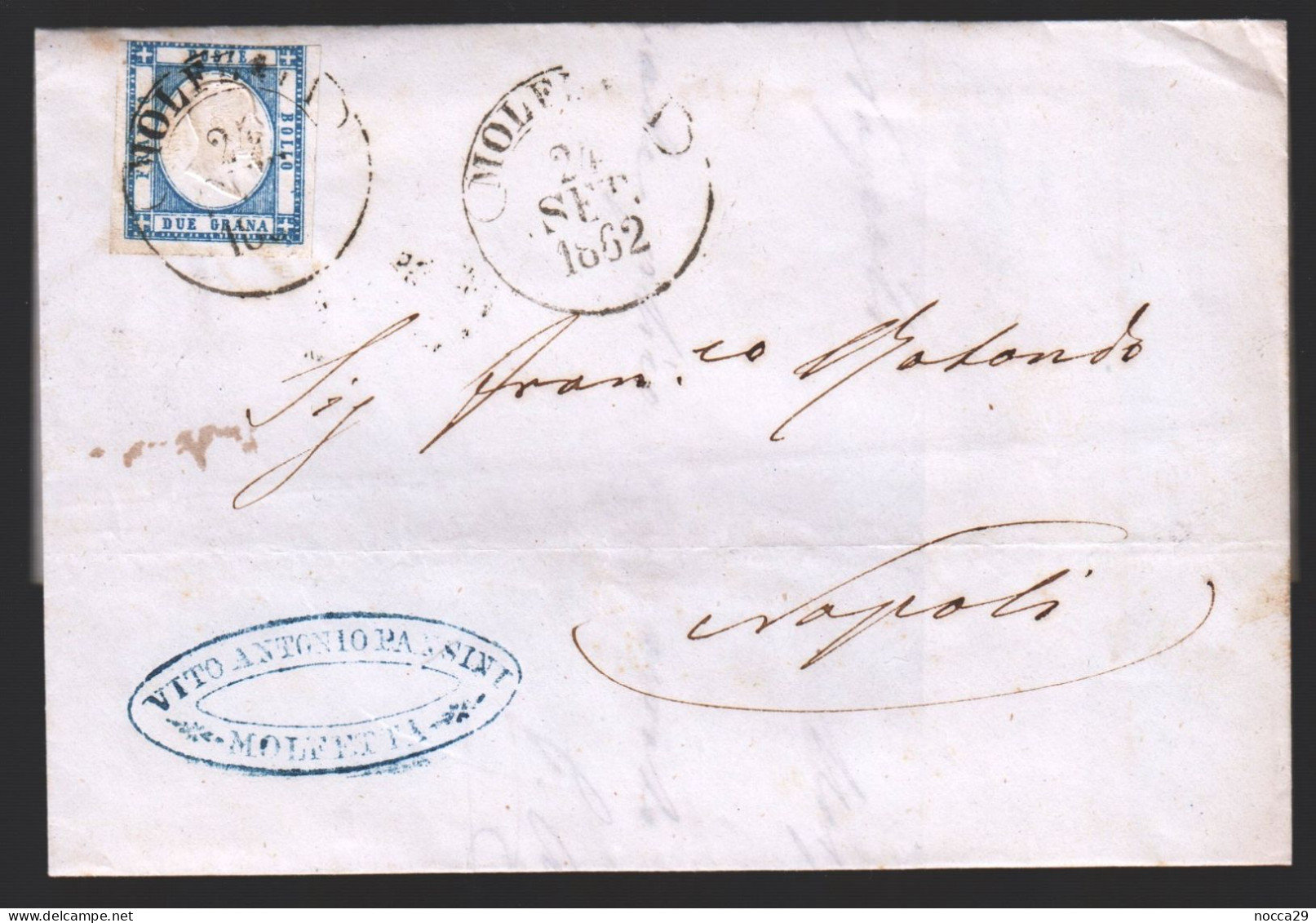 LETTERA DA MOLFETTA A NAPOLI - VIAGGIATA NEL 1862 - BREVE TESTO INTERNO - TIMBRO E FIRMA VITO ANTONIO PANSINI (LET111) - Naples