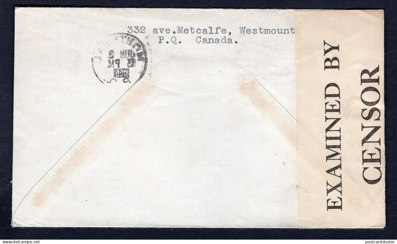 CANADA 1944 Censored Cover To Switzerland. Red Cross. Coupon-Reponse (p856) - Covers & Documents