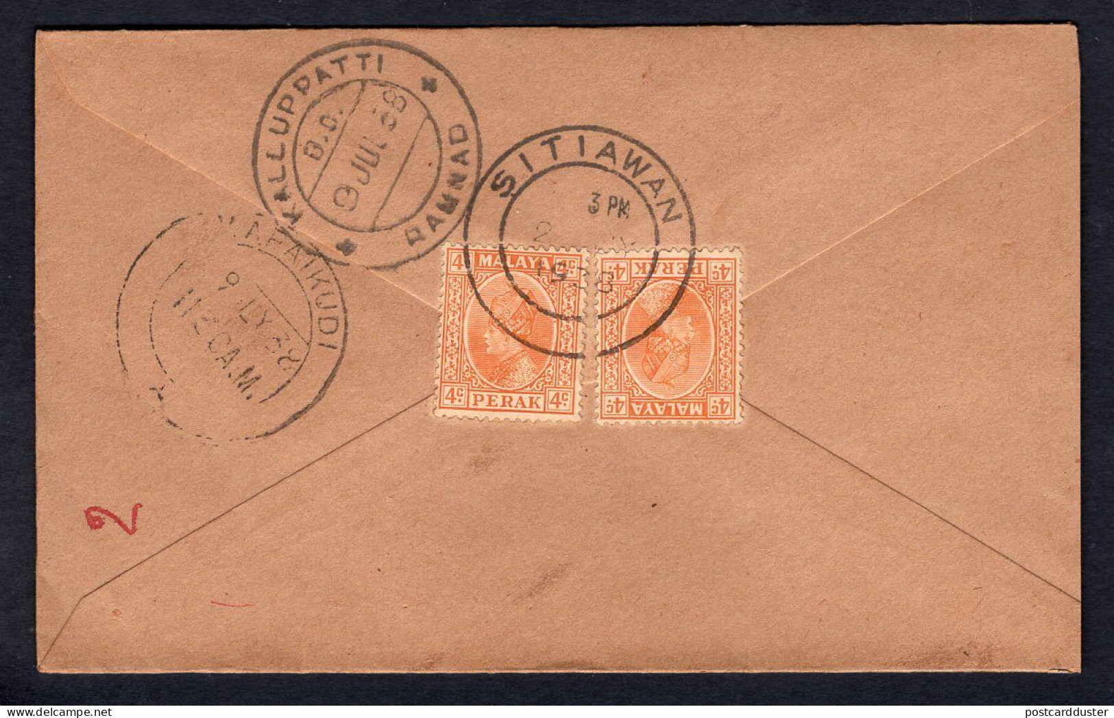 BRITISH MALAYA Perak 1938 Sitiawan Cover To Kalluppatti India (p874) - Perak