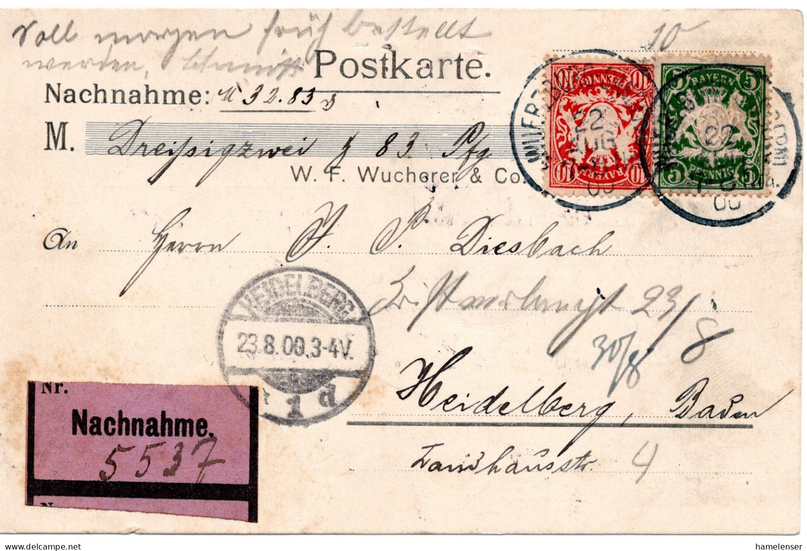 64372 - Altdeutschland / Bayern - 1900 - 10Pfg Wappen MiF A Kte WUERZBURG -> HEIDELBERG - Covers & Documents