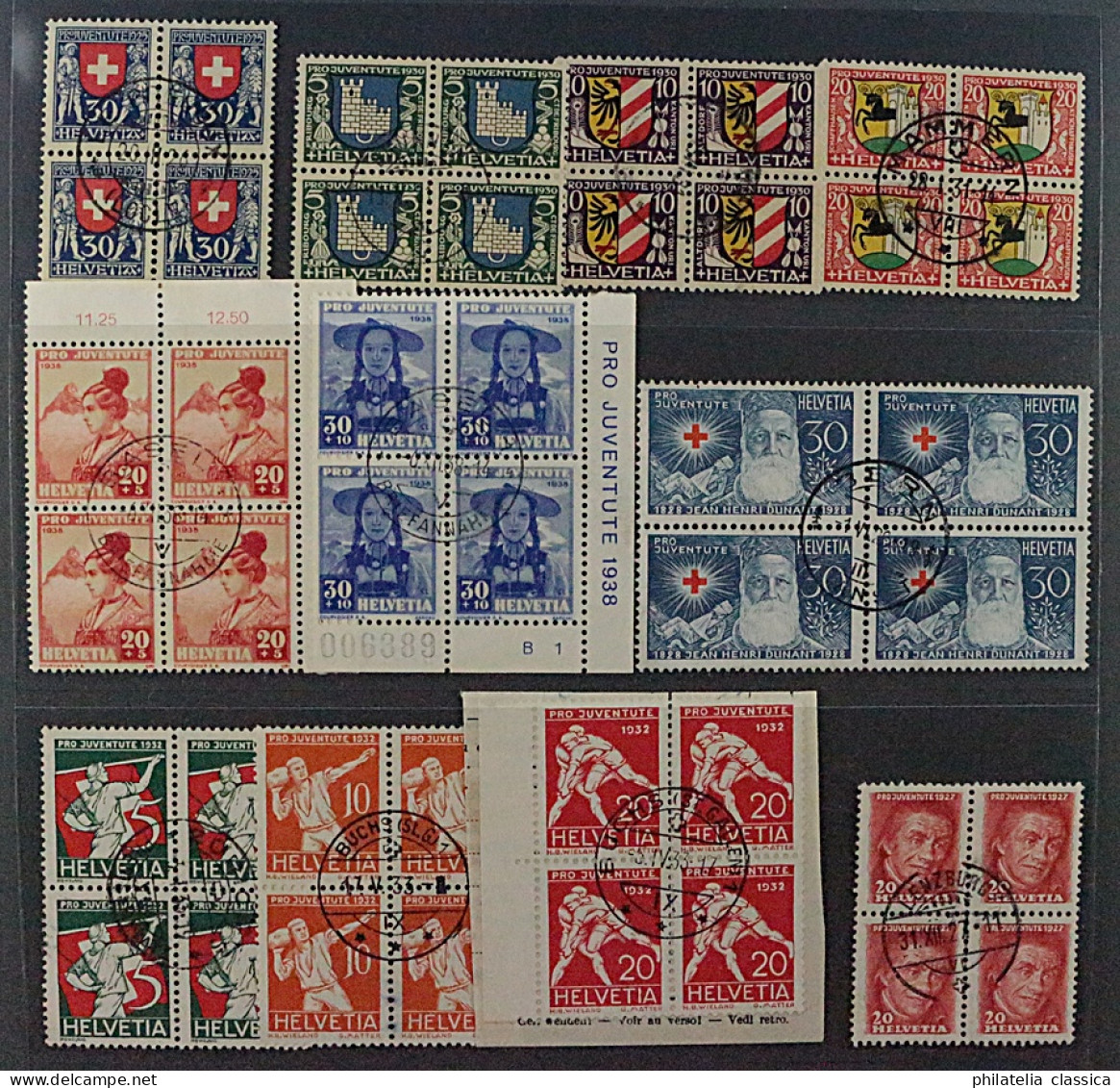 SCHWEIZ VIERERBLOCKS Juventute Ex 1927/38 (SBK J41-44) ZentrumStempel, 431,-SFr. - Gebraucht