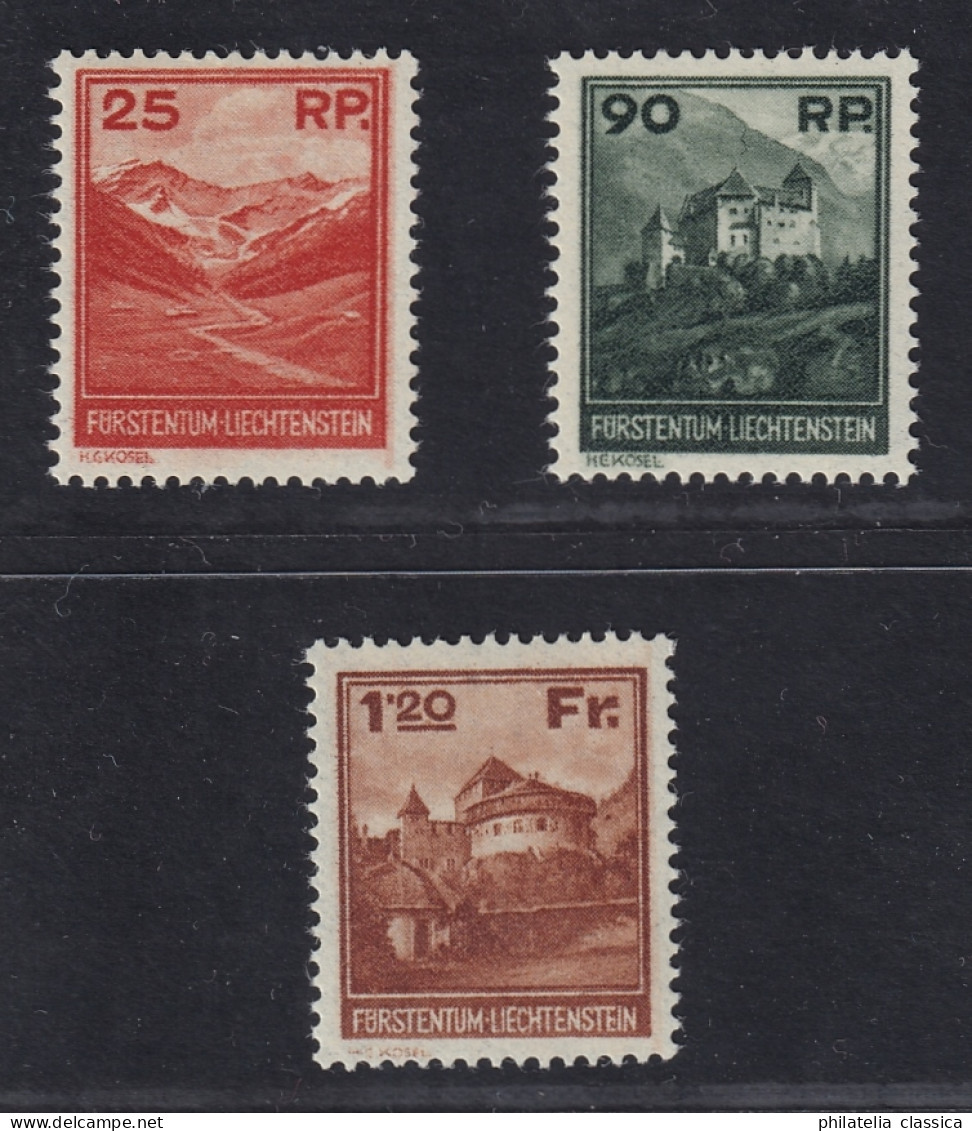 1933, LIECHTENSTEIN 119-21 ** Landschaften 25 Rp.-1,20 Fr. postfrisch, 900,-€
