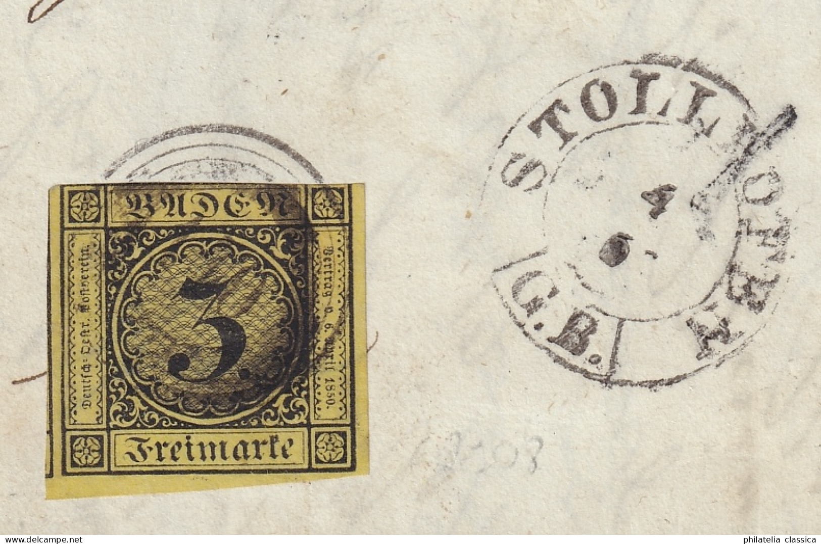 BADEN Nummernstempel 140 STOLLHOFEN auf sauberem Brief (Feuser + 1200,-), 720,-€