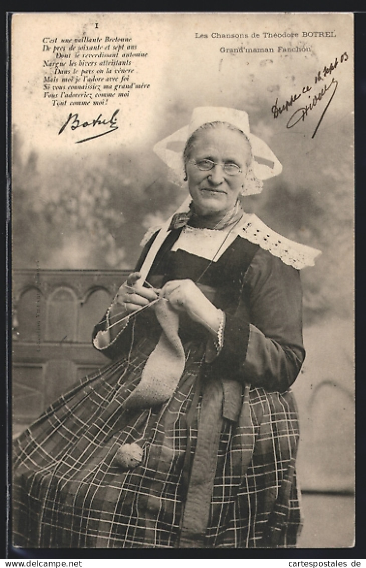 CPA Grand`maman Fanchon, Théodore Botrel, nähende femme en costume typique der Bretagne 