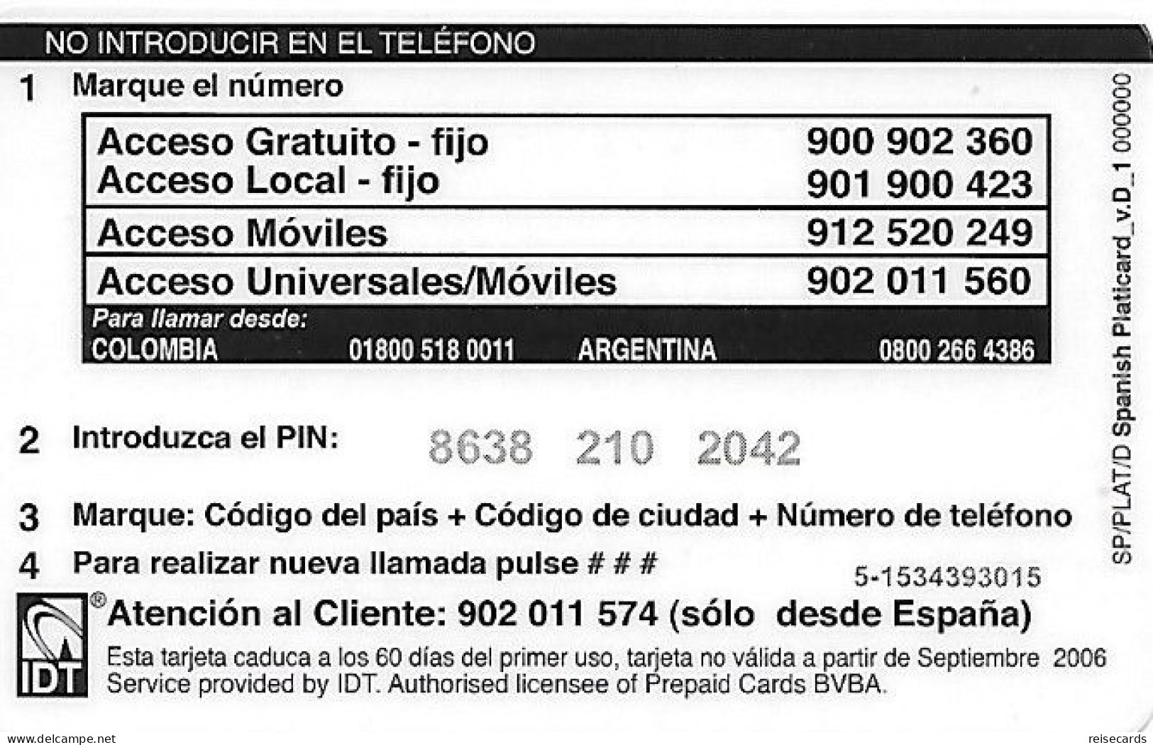 Spain: Prepaid IDT - Platicard €5 09.06 - Andere & Zonder Classificatie